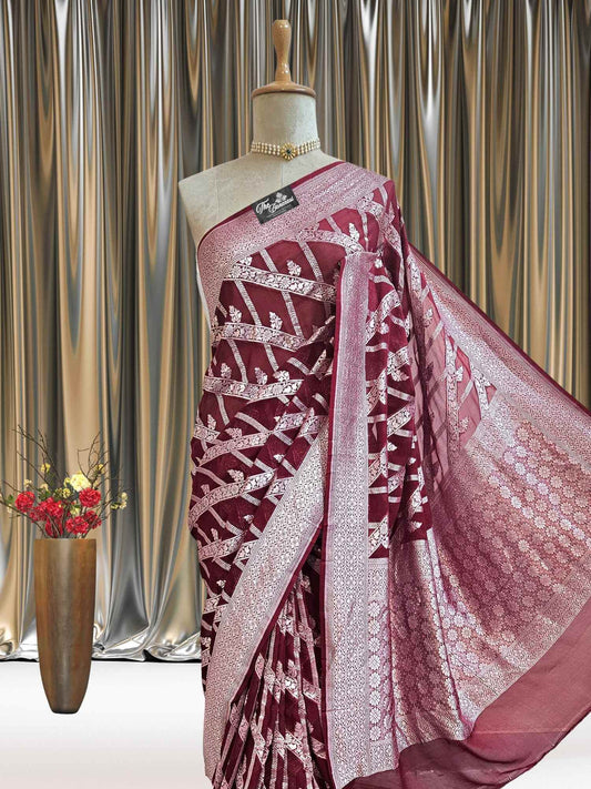 Close-up of Maroon Khaddi Georgette Handwoven Banarasi Saree with Water Zari Work
