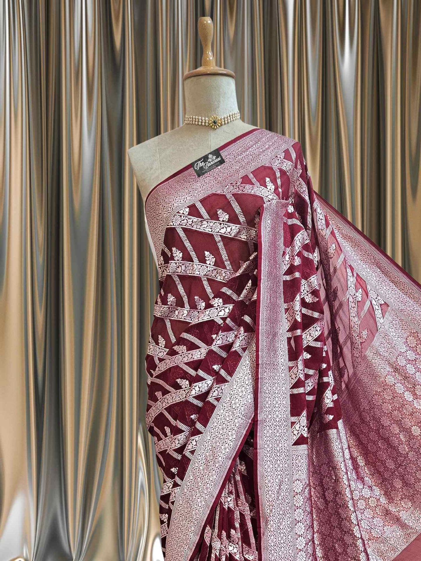 Maroon Color Khaddi Georgette Water Zari Banarasi Handloom Saree
