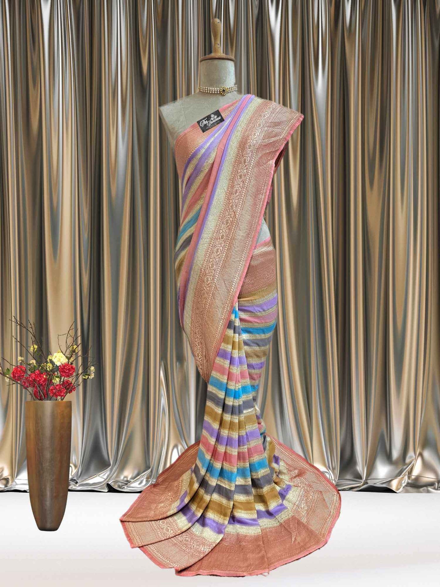 Multi Color Khaddi Georgette Water Zari Banarasi Handloom Saree