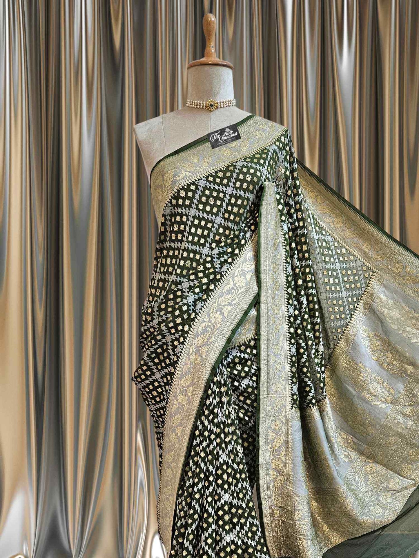Olive Green Khaddi Georgette Water Zari Banarasi Handloom Saree