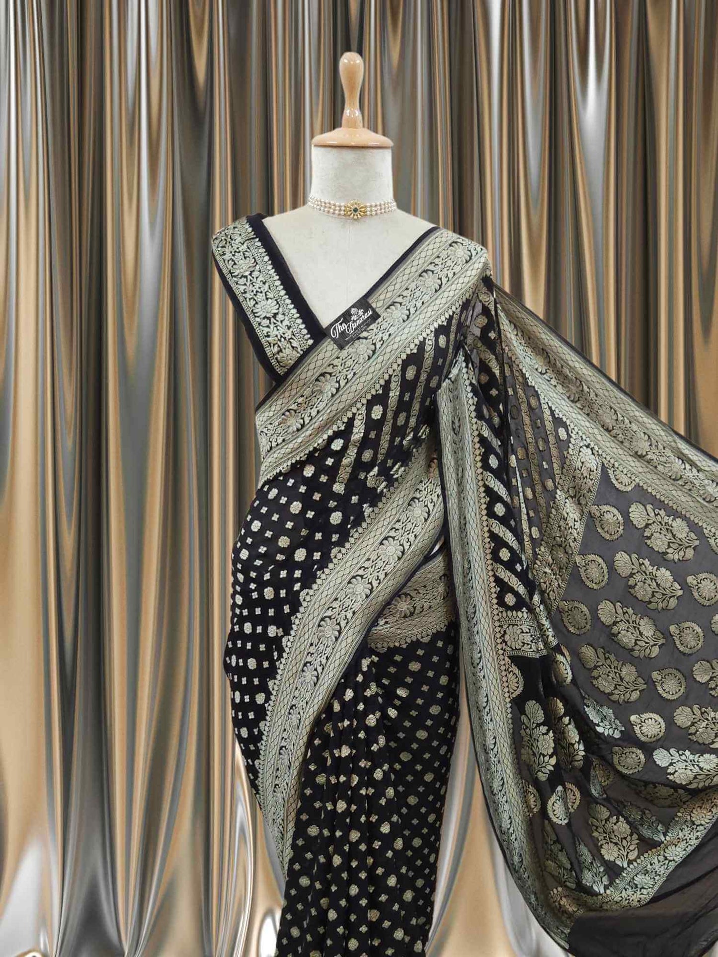 Black Khaddi Georgette Water Zari Banarasi Handloom Saree