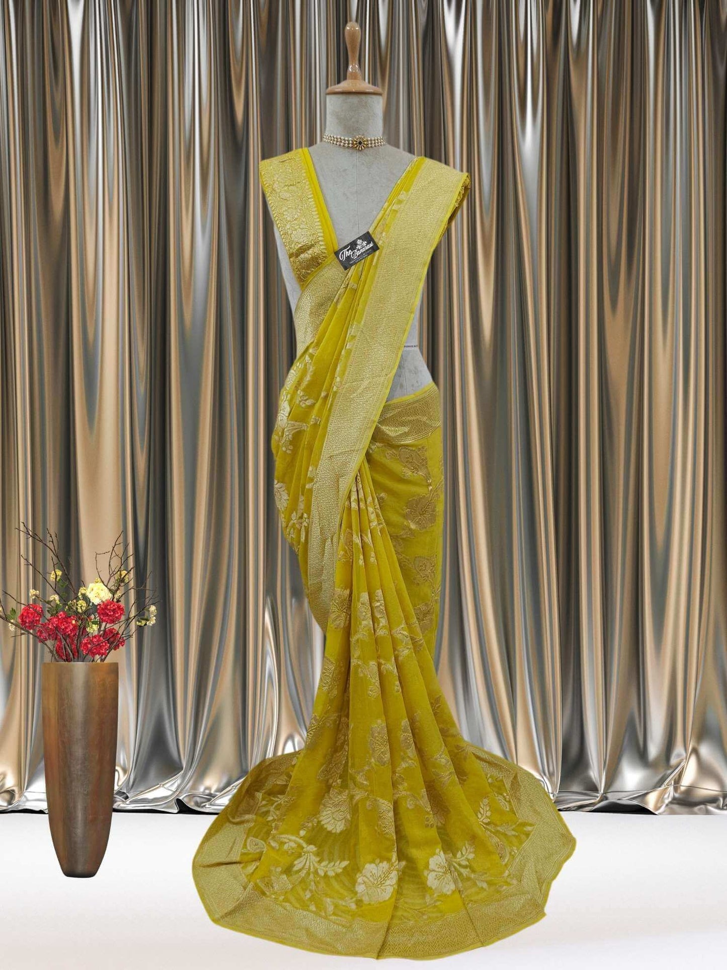 Lemon Yellow Khaddi Georgette Water Zari Banarasi Handloom Saree