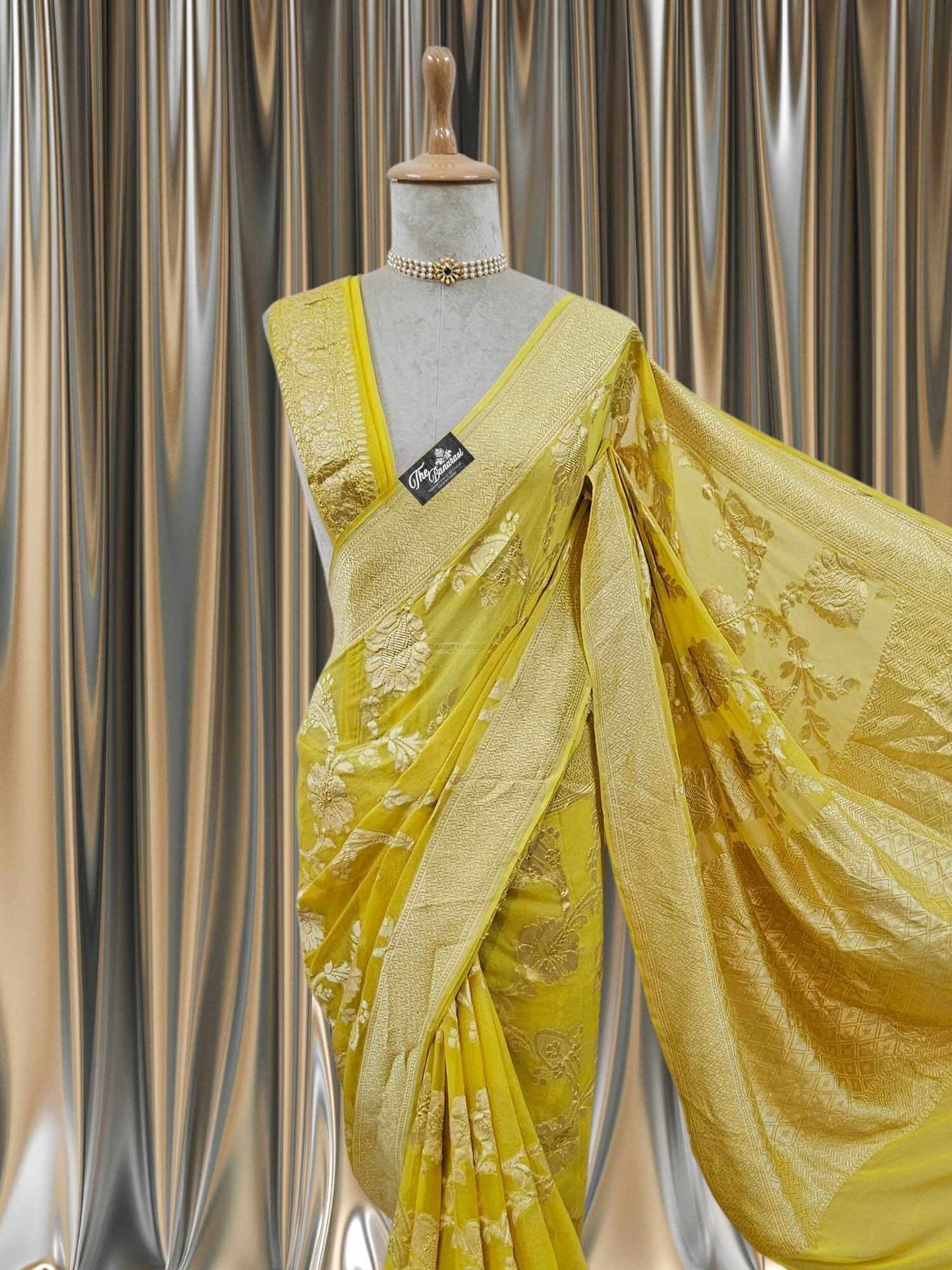 Lemon Yellow Khaddi Georgette Water Zari Banarasi Handloom Saree
