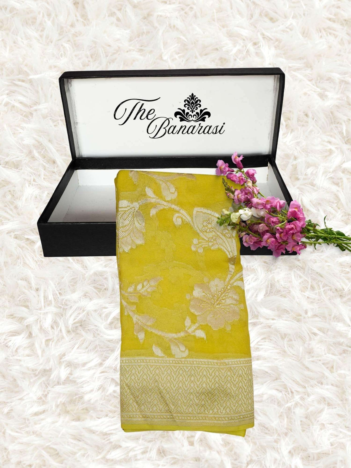 Lemon Yellow Khaddi Georgette Water Zari Banarasi Handloom Saree
