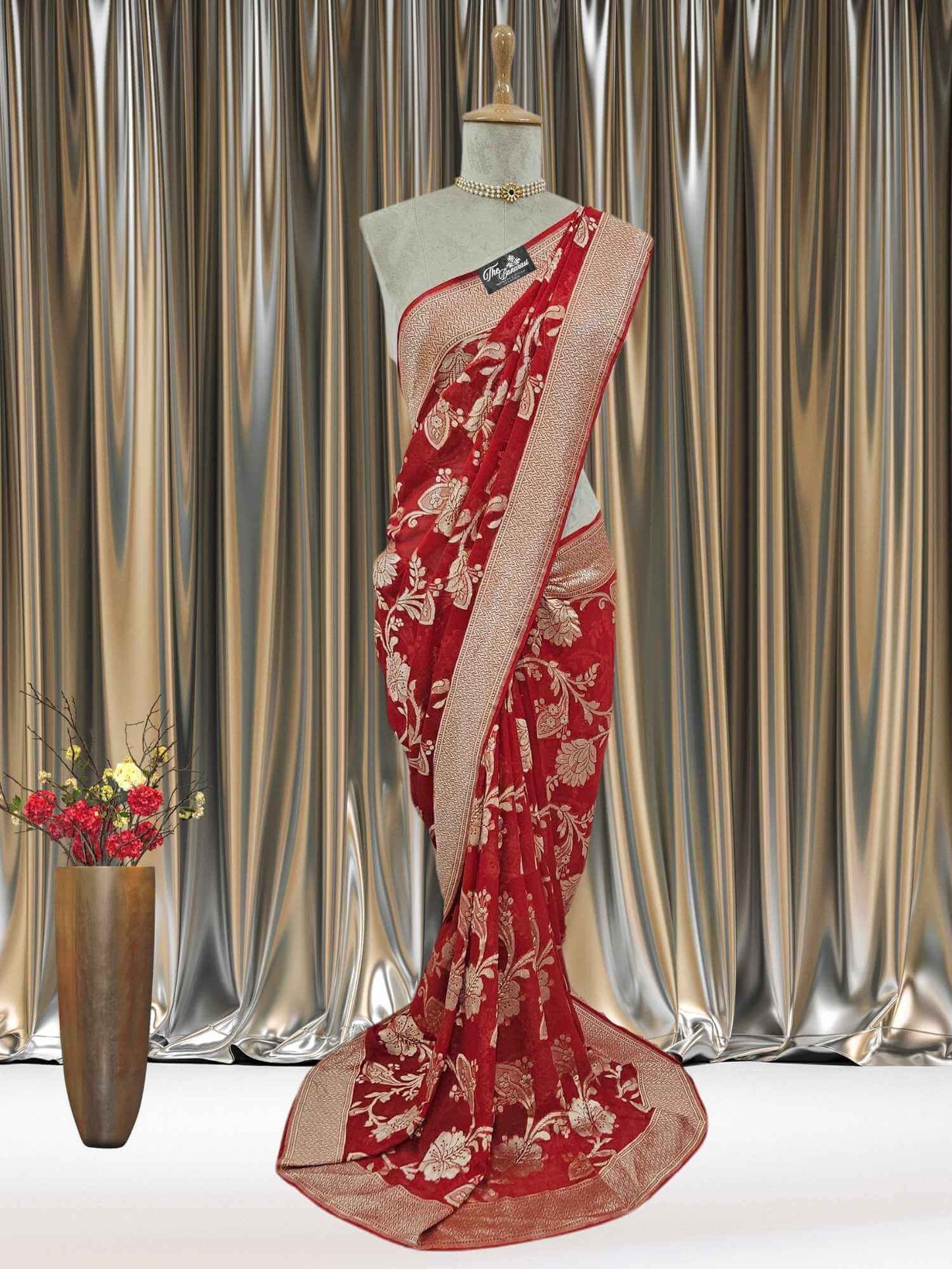 Red Khaddi Georgette Water Zari Banarasi Handloom Saree