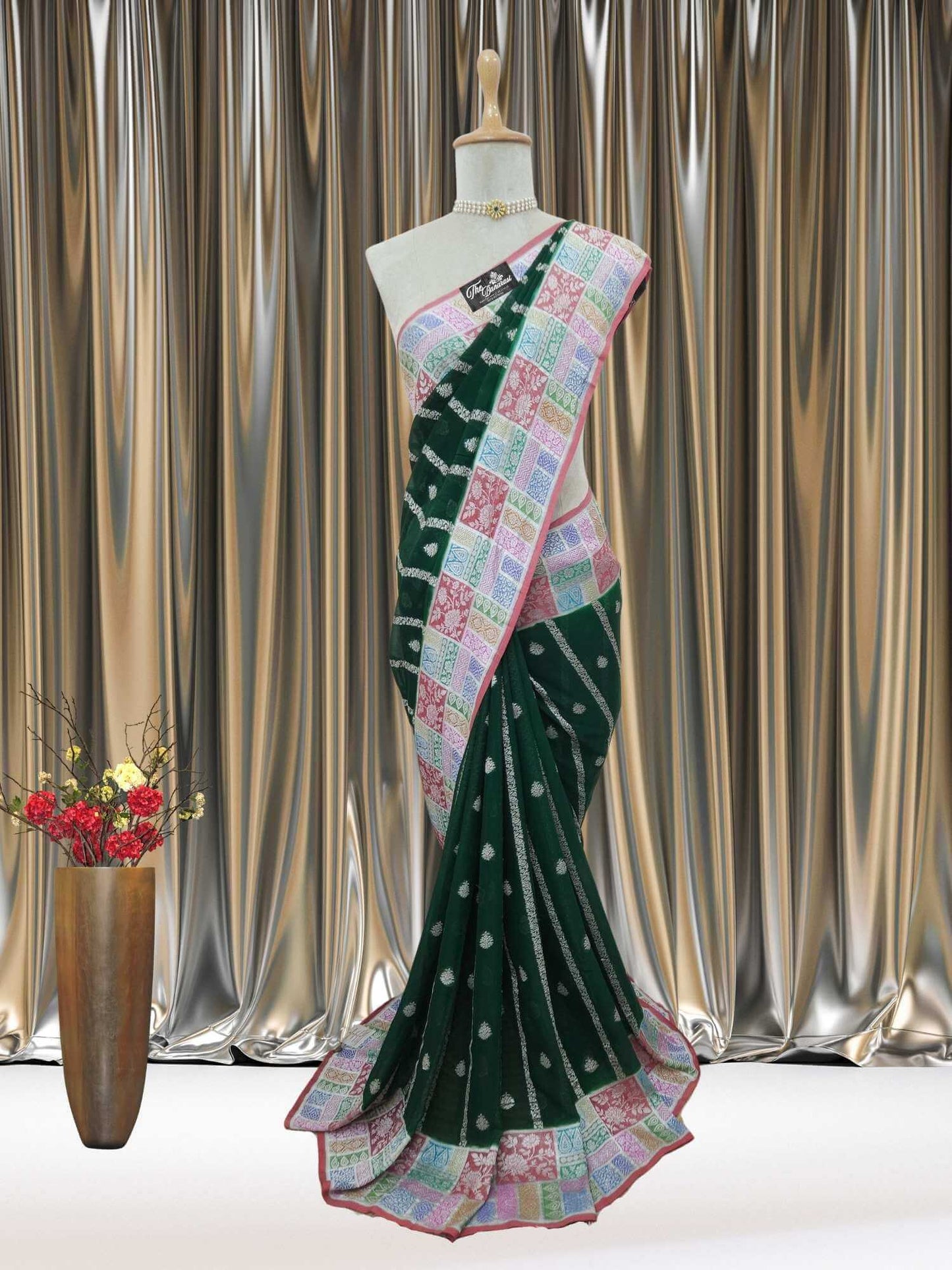 Forest Green Khaddi Georgette Water Zari Banarasi Handloom Saree