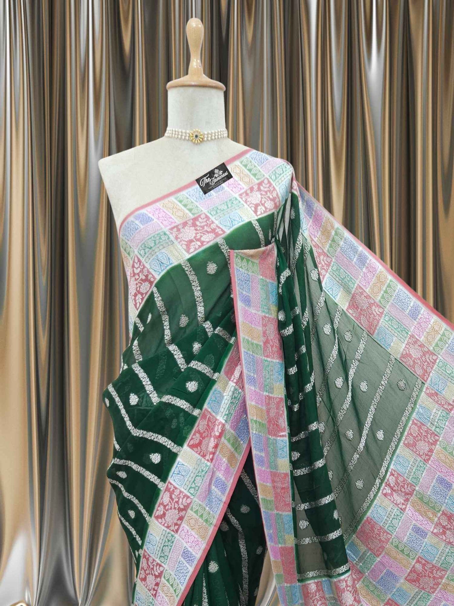 Forest Green Khaddi Georgette Water Zari Banarasi Handloom Saree