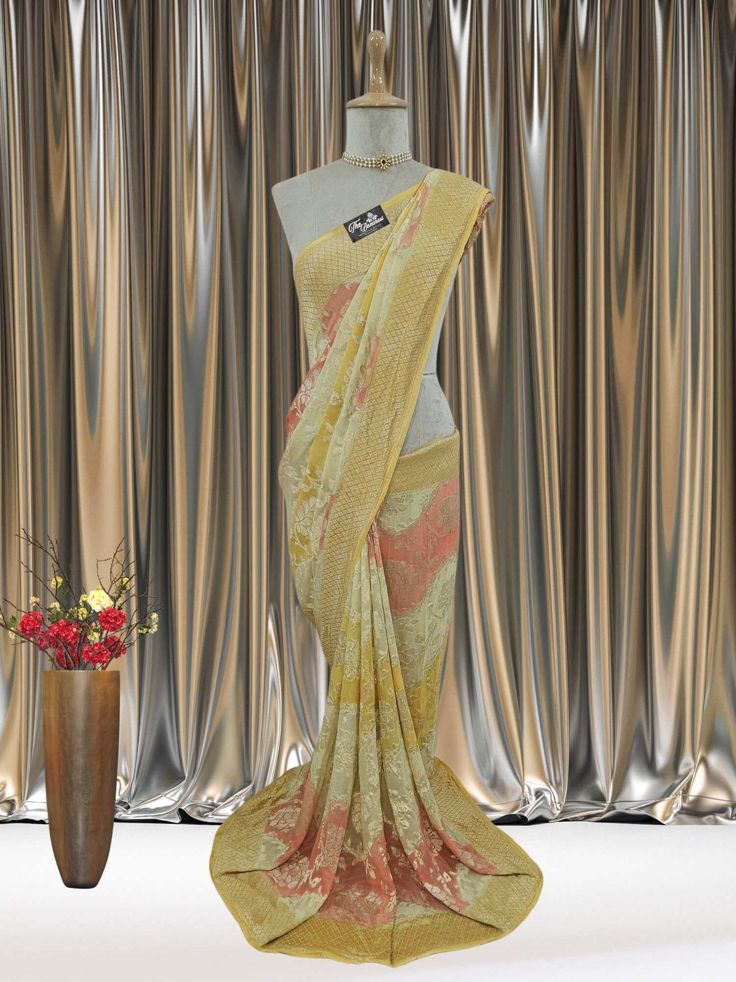 Multi-hued Khaddi Georgette Water Zari Banarasi Handloom Saree