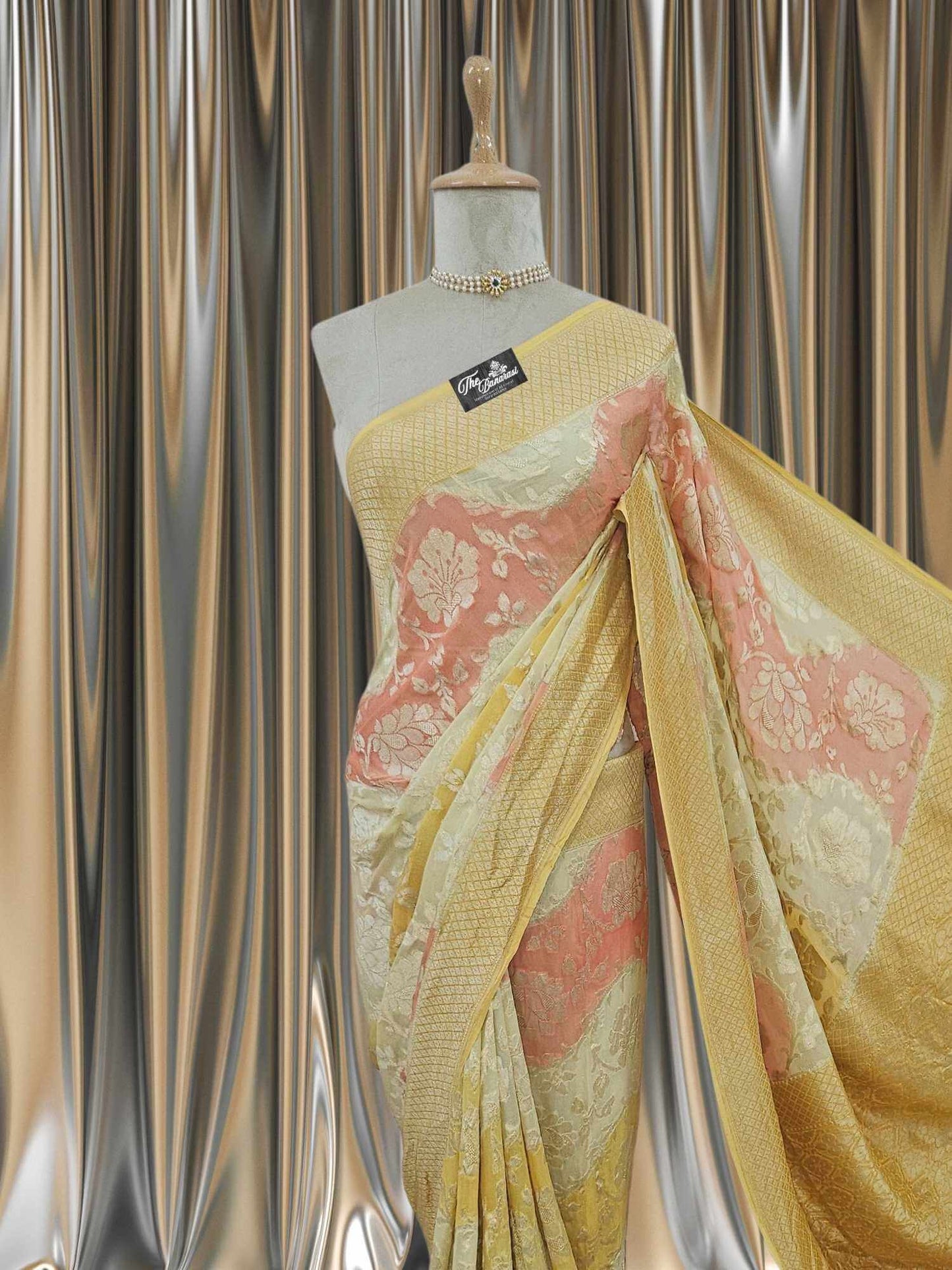 Multi-hued Khaddi Georgette Water Zari Banarasi Handloom Saree