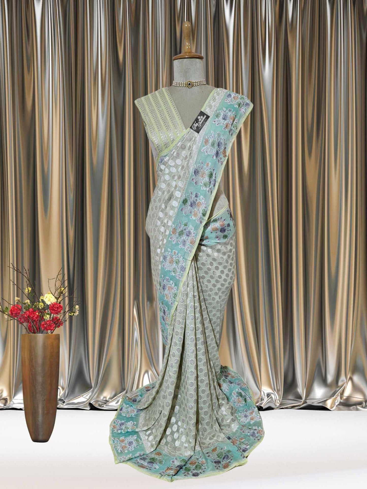 White Khaddi Georgette Hand Brush Water Zari Banarasi Handloom Saree