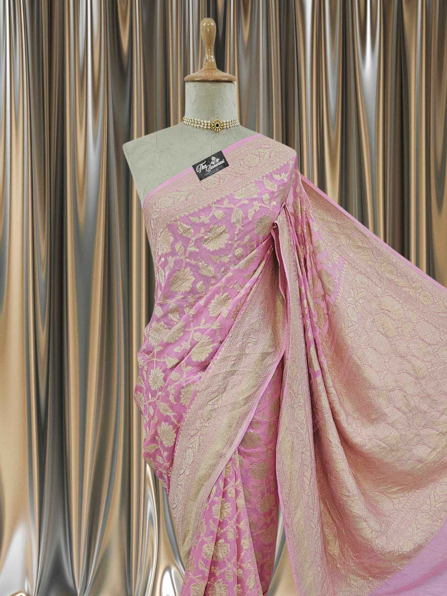 Baby Pink Khaddi Georgette Water Zari Banarasi Handloom Saree