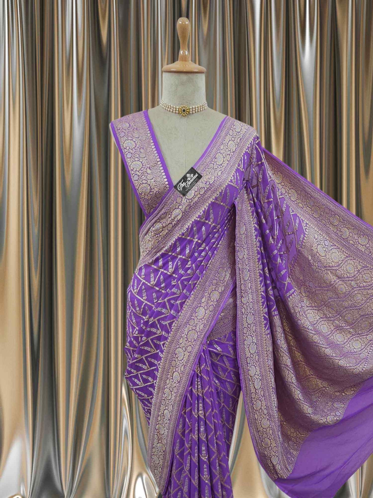 Lilac Color Khaddi Georgette Water Zari Banarasi Handloom Saree
