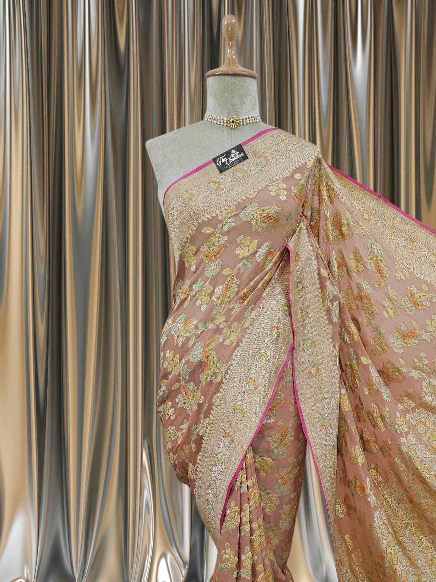 Pastel Peach Khaddi Georgette Water Zari Banarasi Handloom Saree