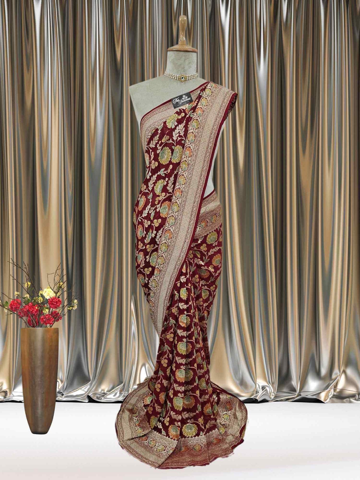 Maroon Color Khaddi Georgette Water Zari Banarasi Handloom Saree