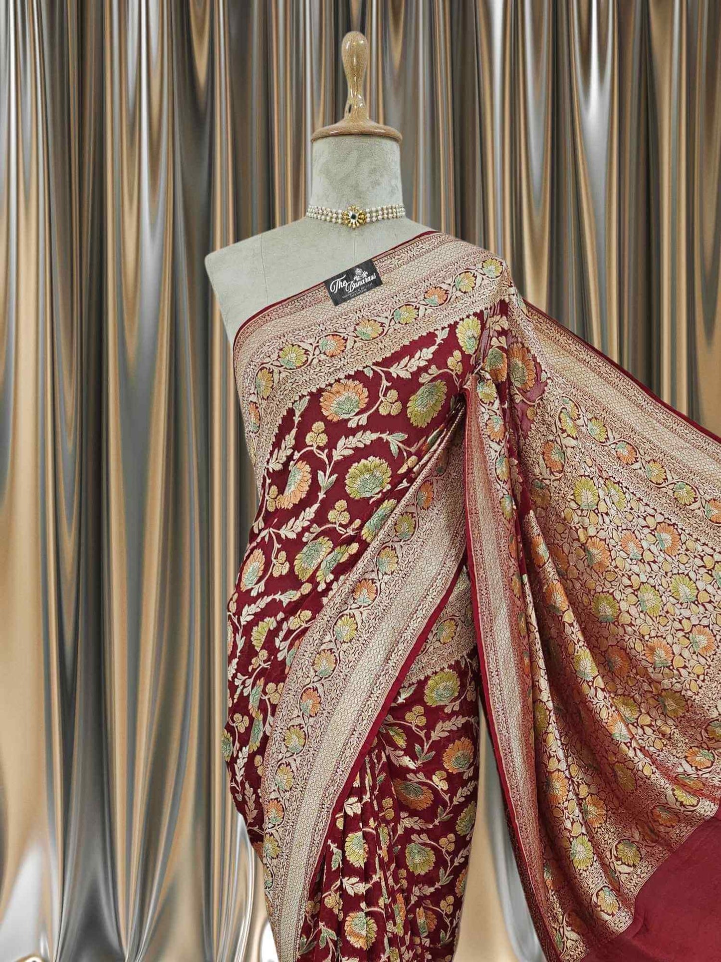 Maroon Color Khaddi Georgette Water Zari Banarasi Handloom Saree