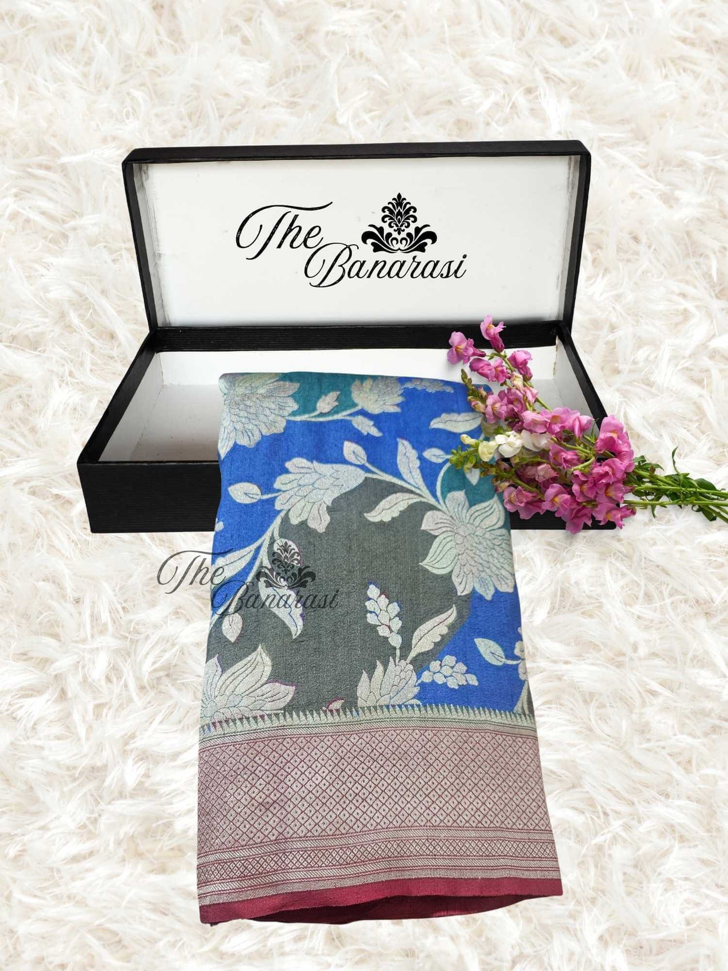 Multi-hued Pure Tussar Georgette Hand Brush Design Banarasi Handloom Saree