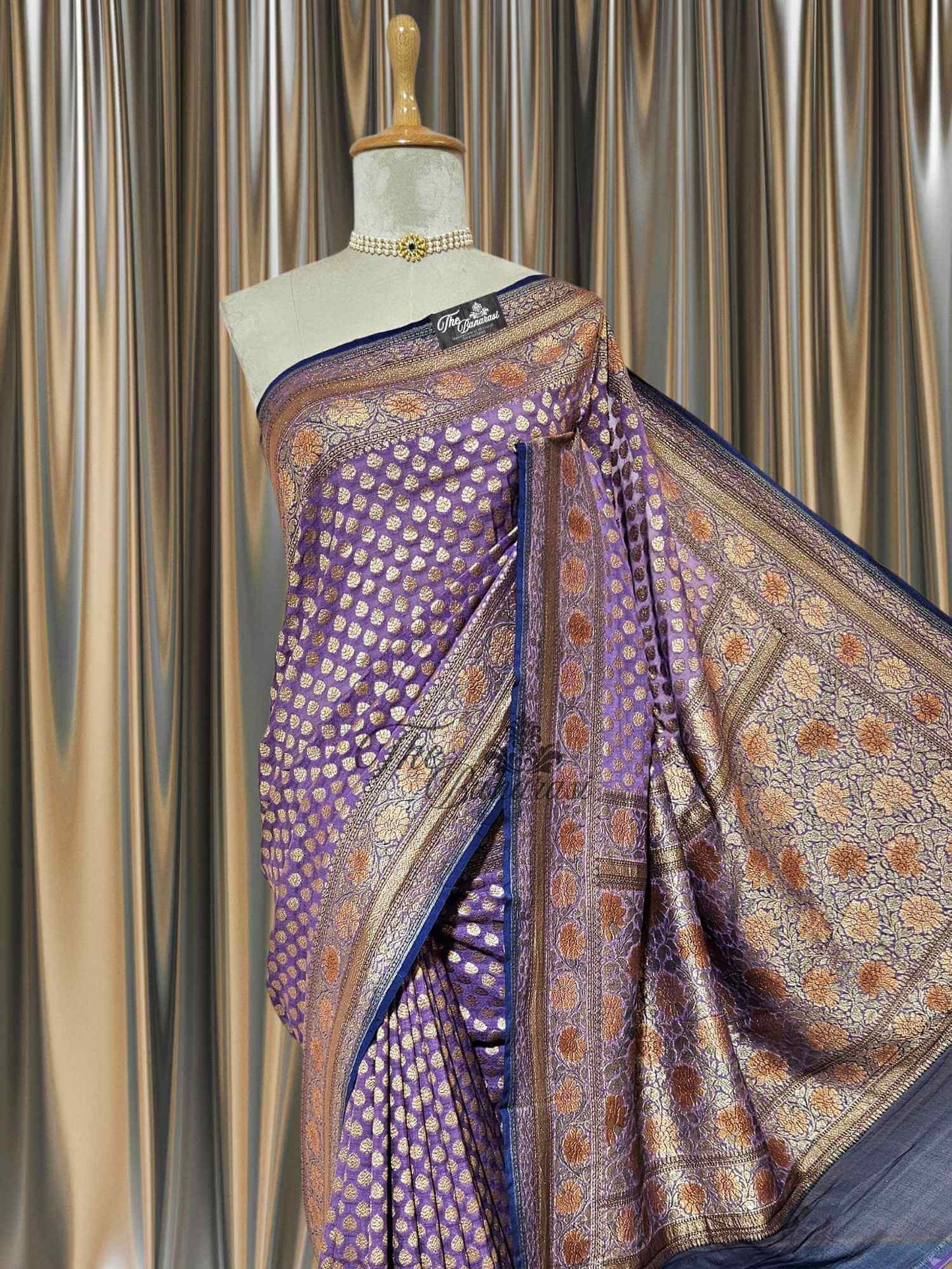 Iris Purple Khaddi Georgette Hand Brush Antique Zari Banarasi Handloom Saree