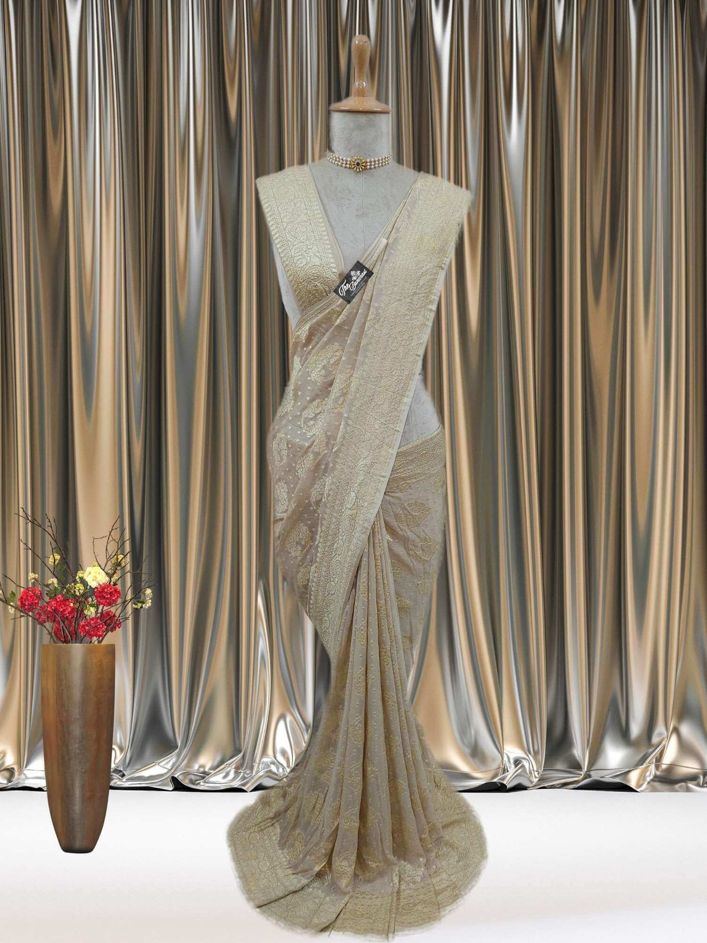 Cream Color Khaddi Georgette Water Zari Banarasi Handloom Saree