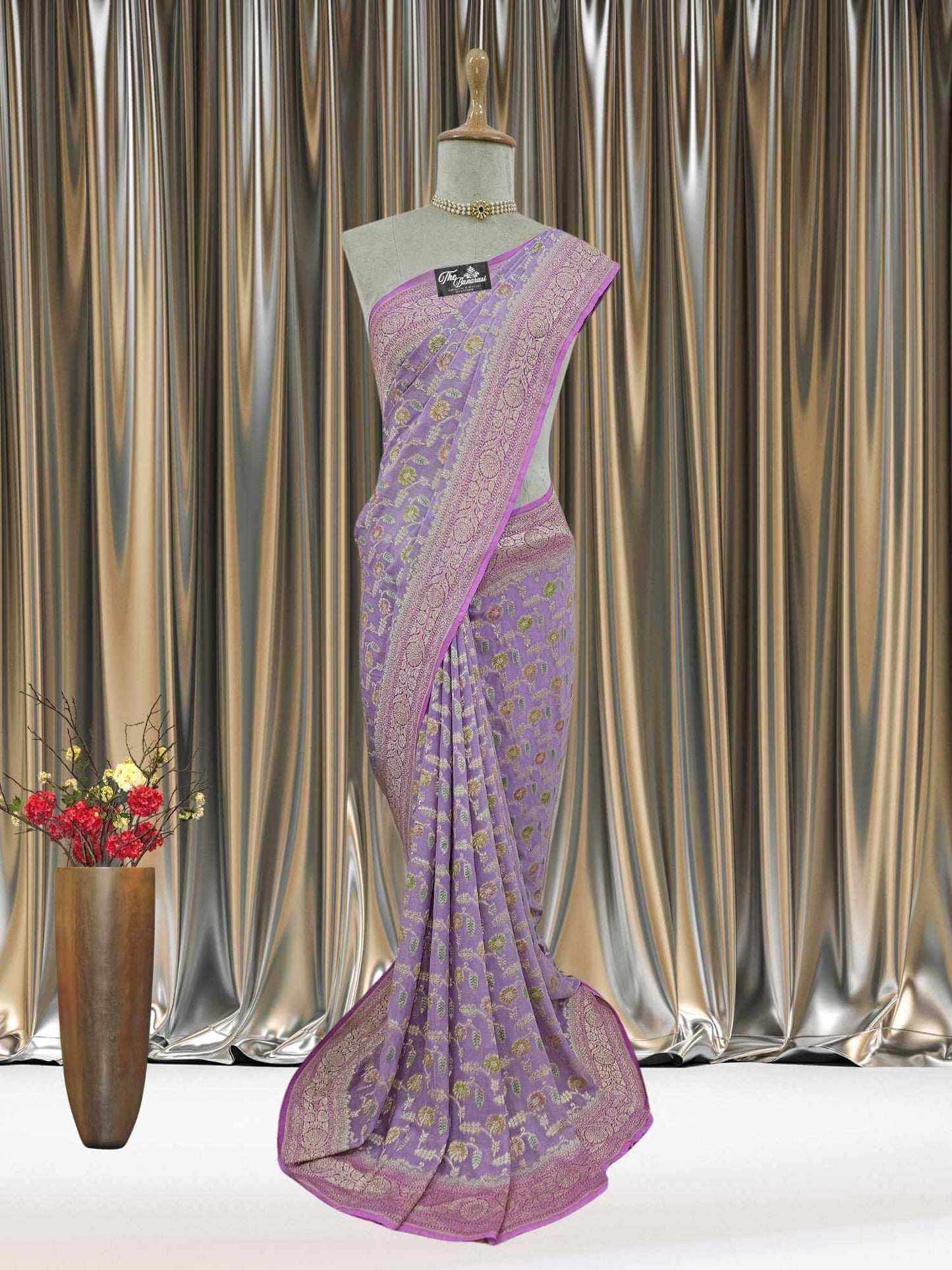 Light Purple Khaddi Georgette Water Zari Banarasi Handloom Saree