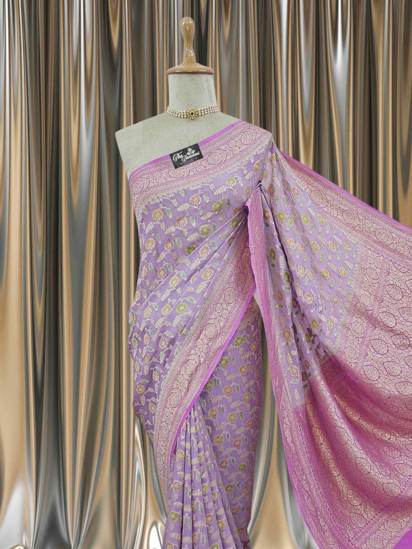 Light Purple Khaddi Georgette Water Zari Banarasi Handloom Saree