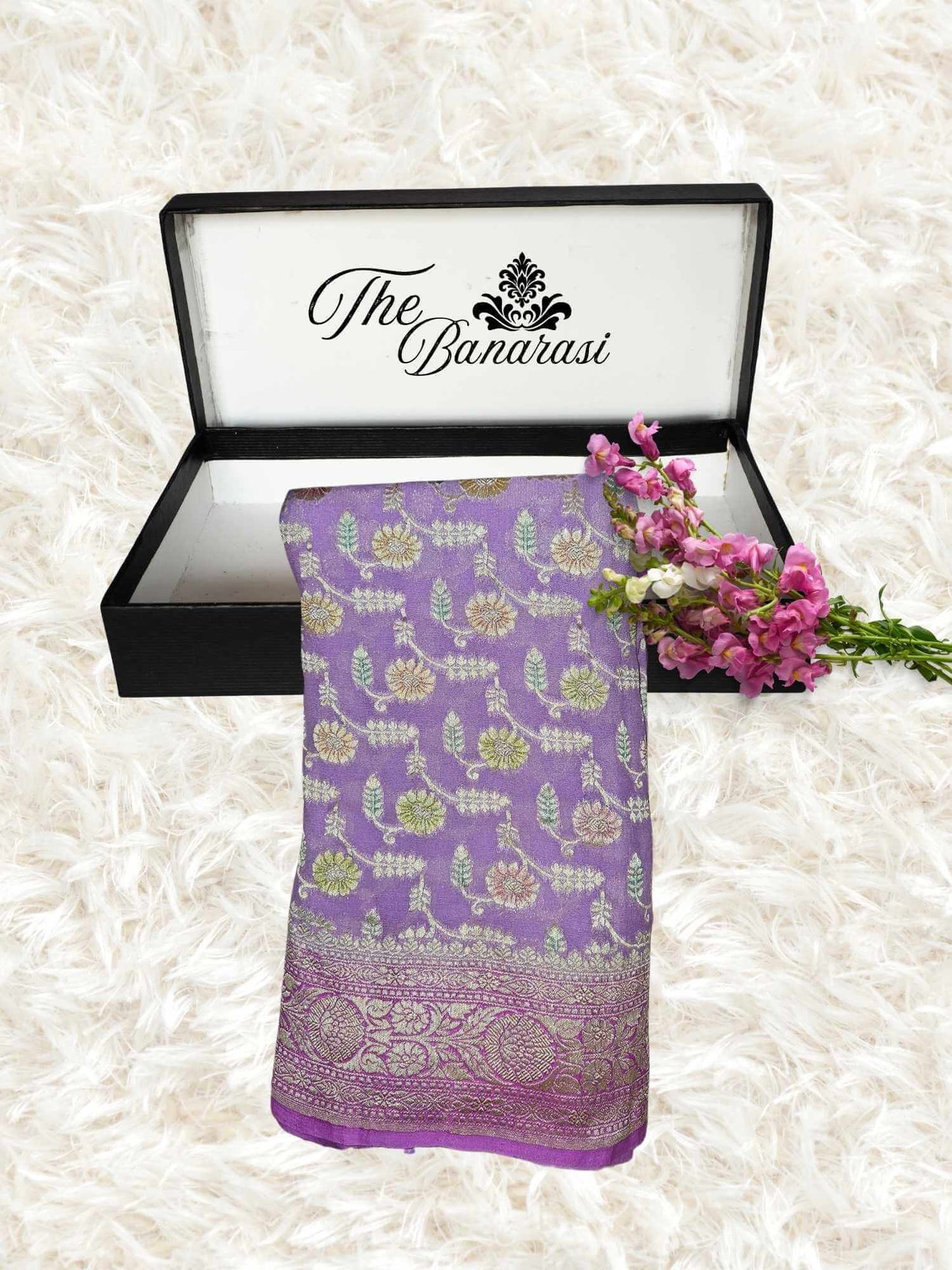 Light Purple Khaddi Georgette Water Zari Banarasi Handloom Saree