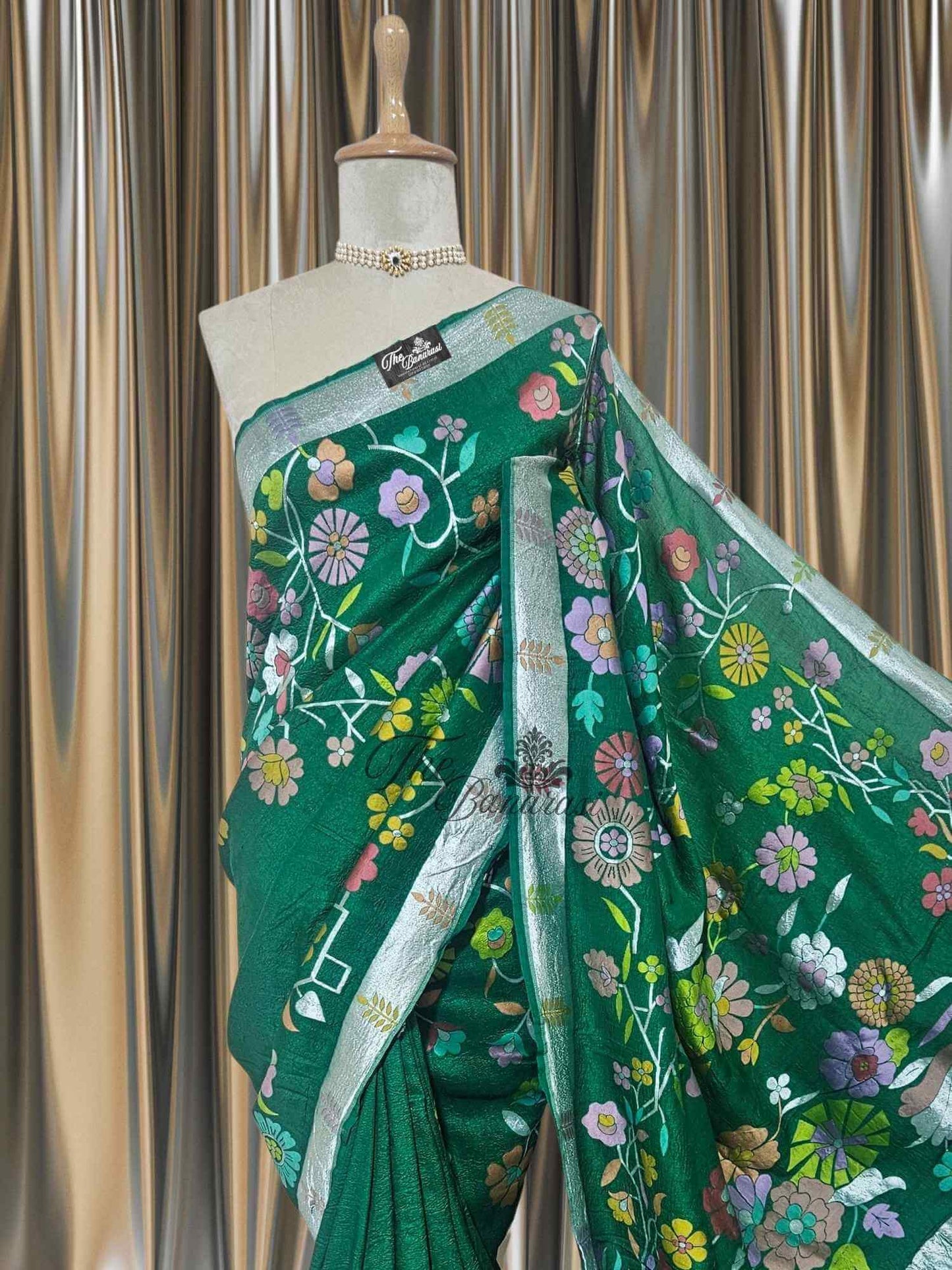 Forest Green Pure Tussar Georgette Hand Brush Design Banarasi Handloom Saree