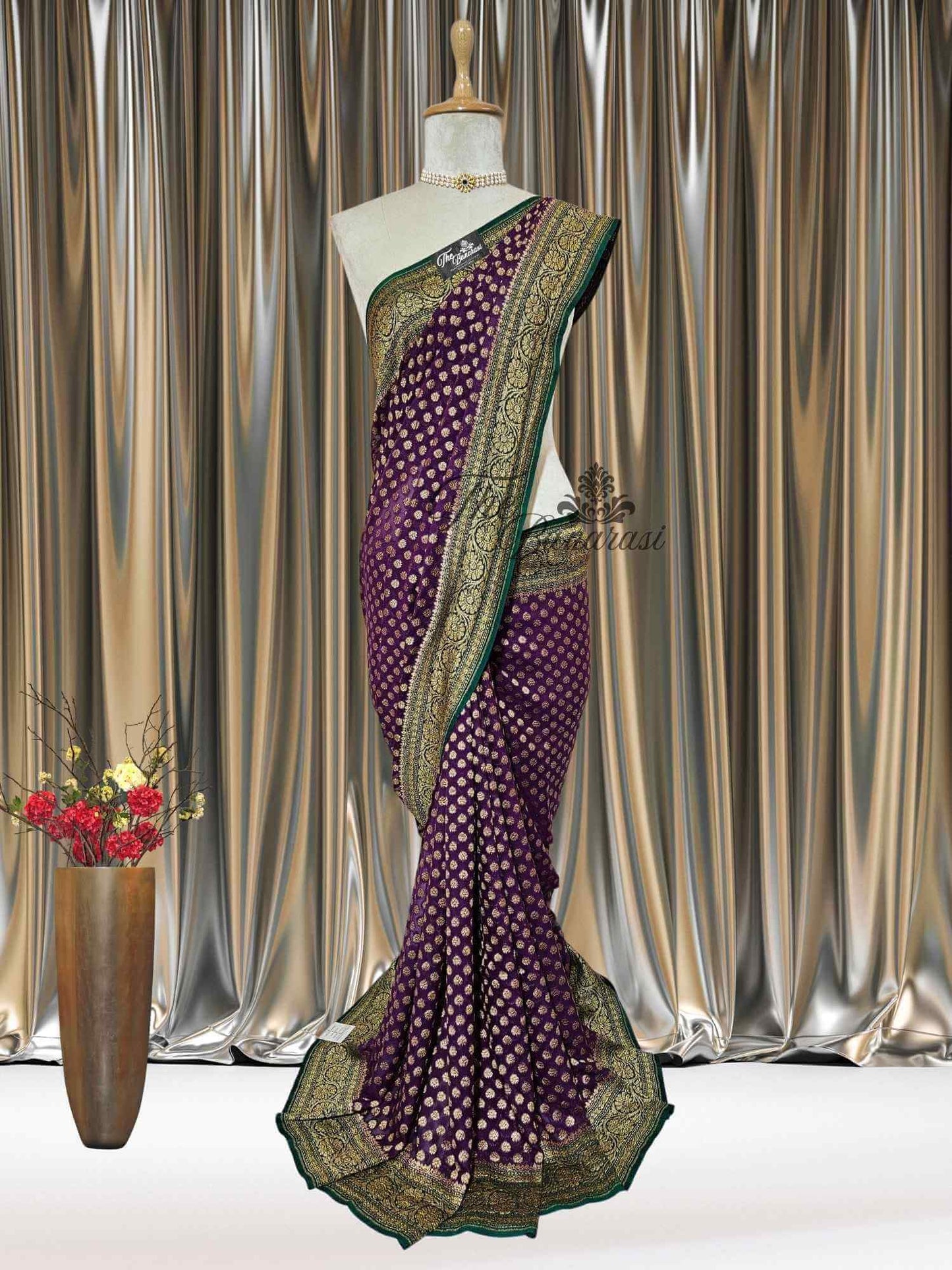Deep Purple Khaddi Georgette Antique Zari Banarasi Handloom Saree