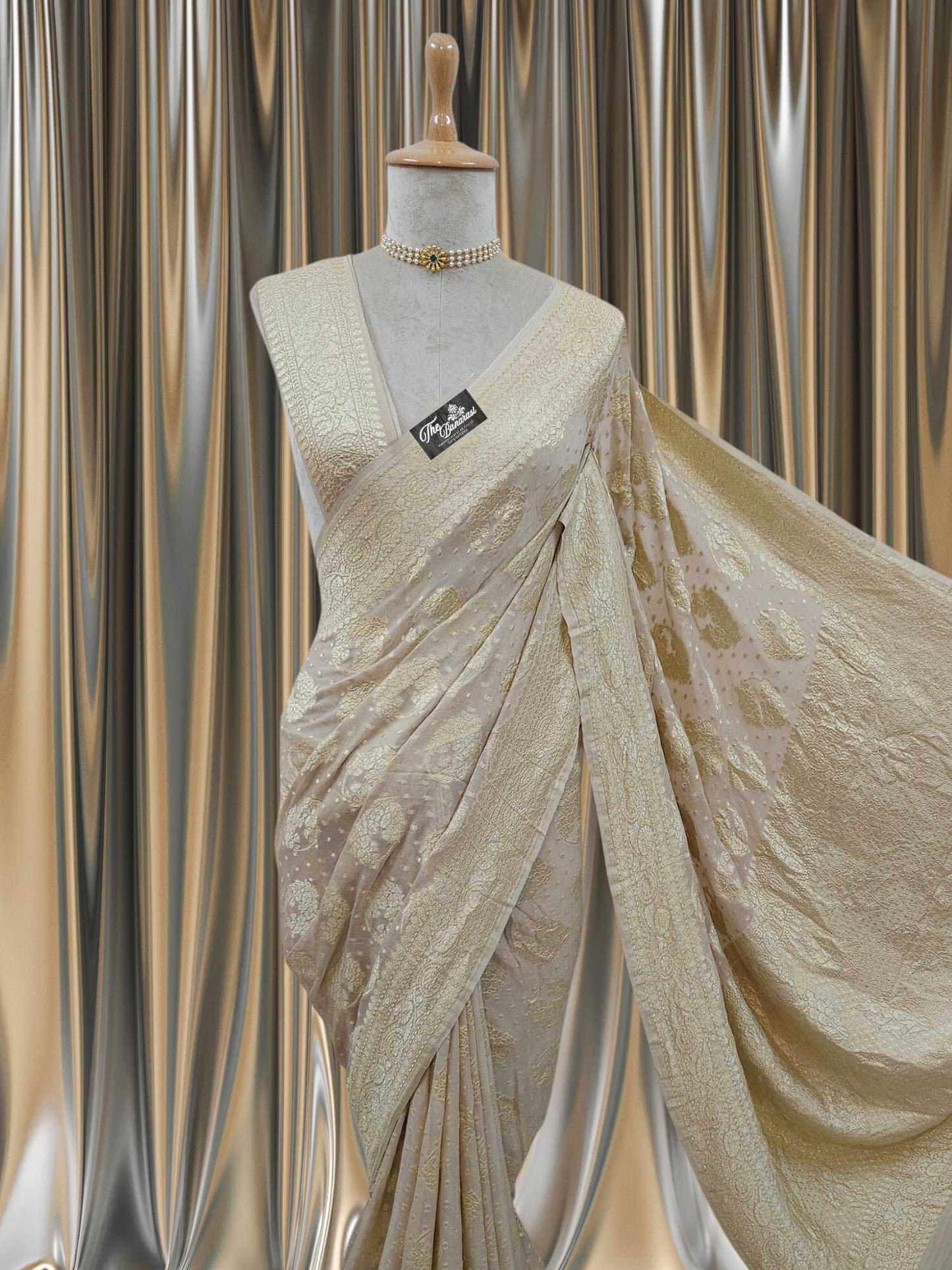 Cream Color Khaddi Georgette Water Zari Banarasi Handloom Saree