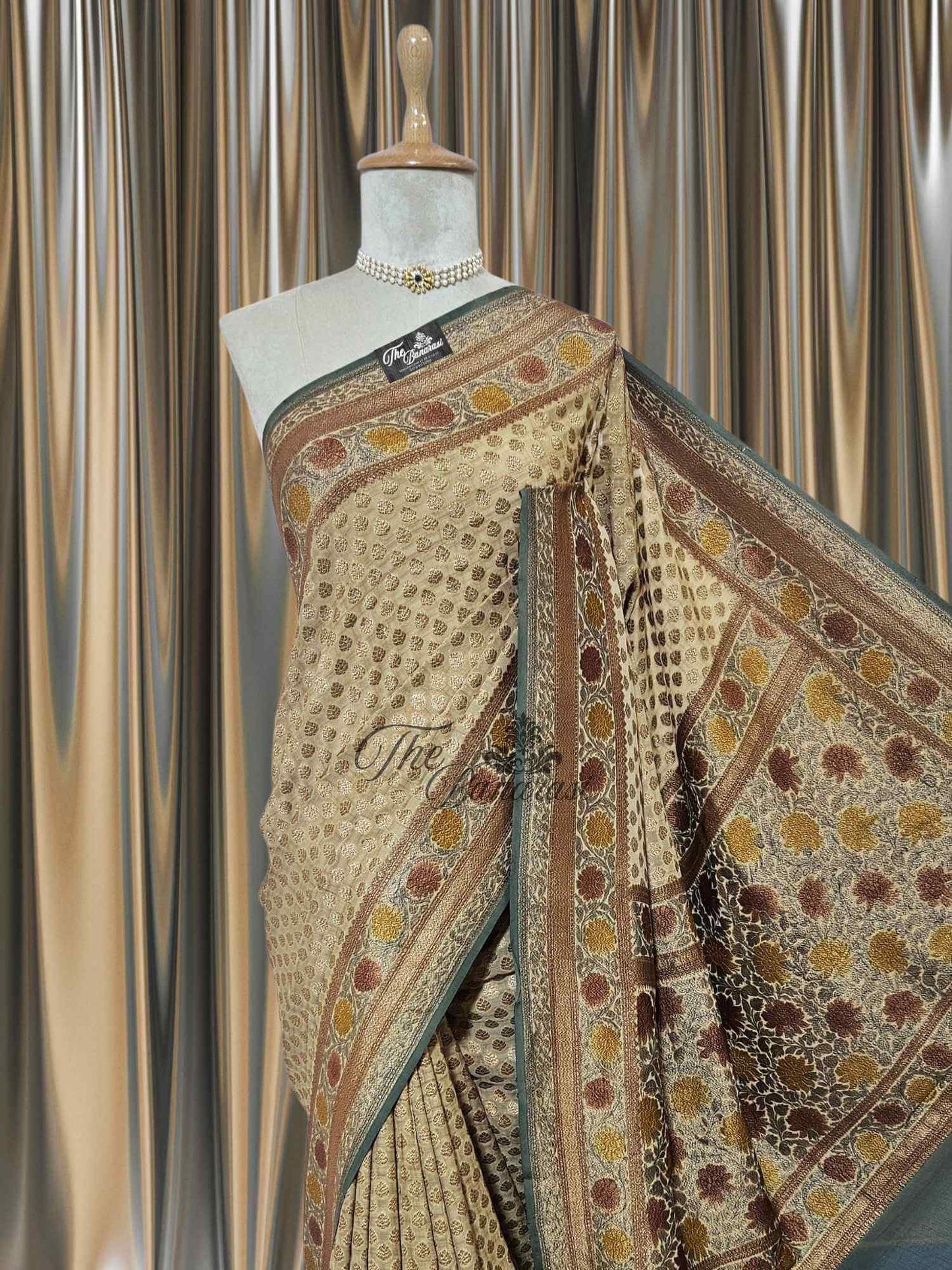 Light Gold Khaddi Georgette Hand Brush Antique Zari Banarasi Handloom Saree