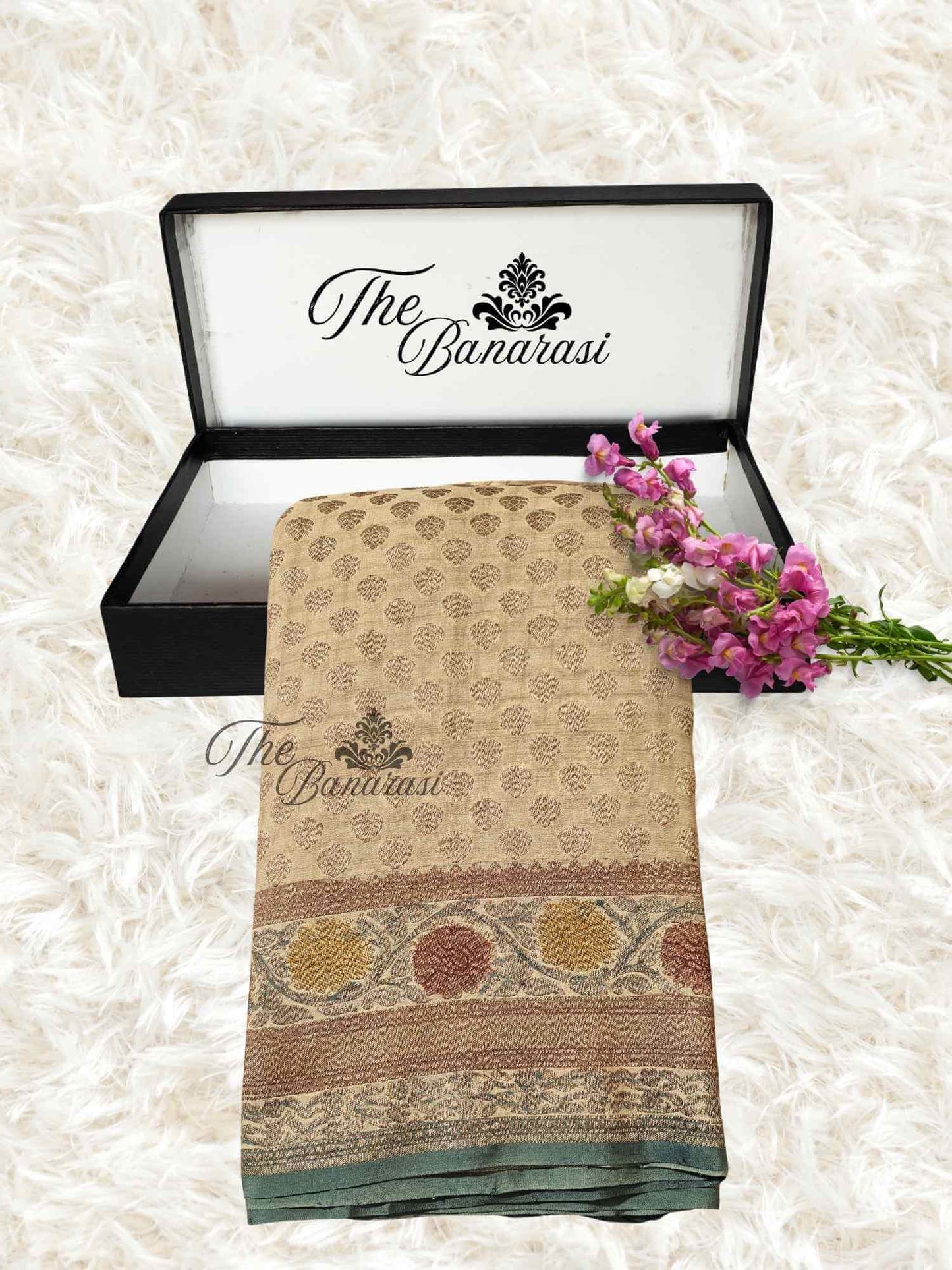 Light Gold Khaddi Georgette Hand Brush Antique Zari Banarasi Handloom Saree