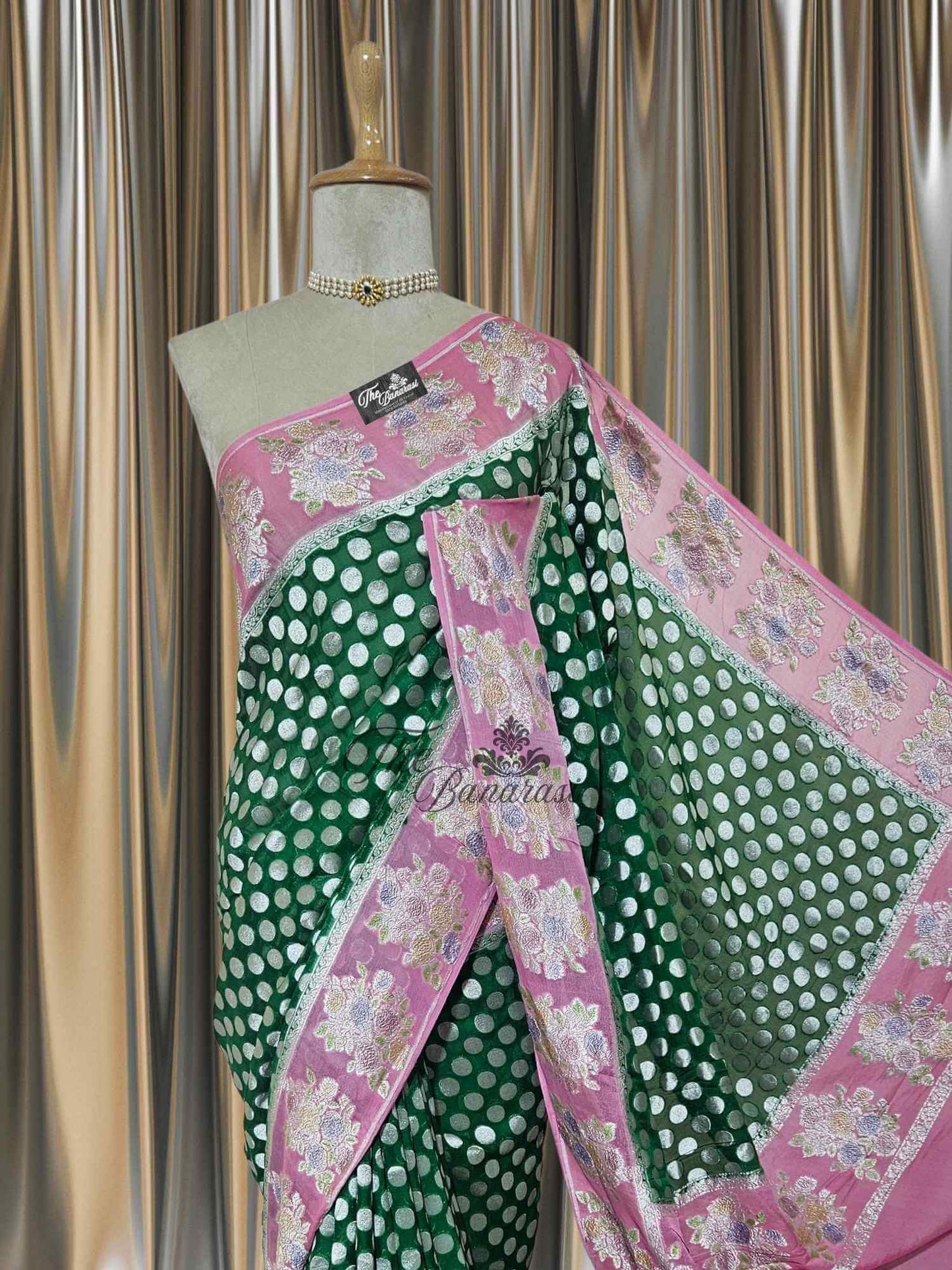Emerald Green Khaddi Georgette Hand Brush Water Zari Banarasi Handloom Saree