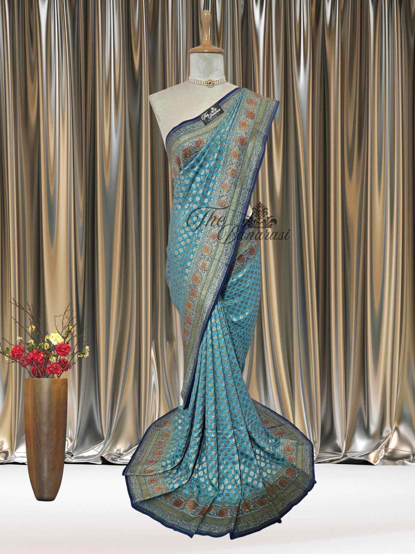 Persian Green Khaddi Georgette Hand Brush Antique Zari Banarasi Handloom Saree