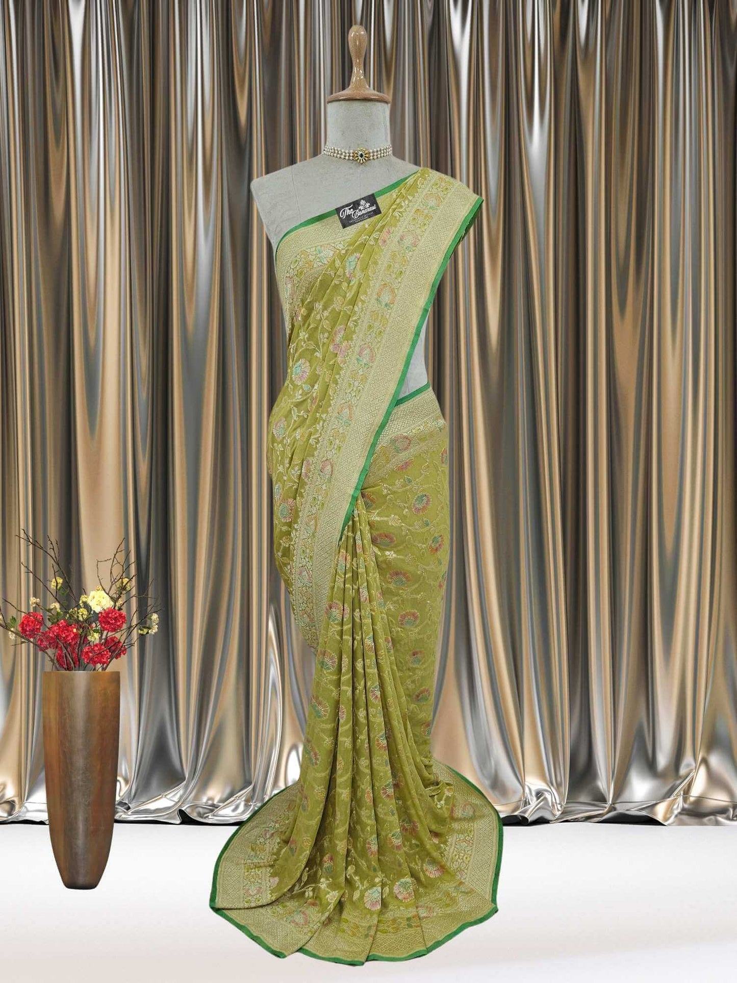 Lime Green Khaddi Georgette Water Zari Banarasi Handloom Saree