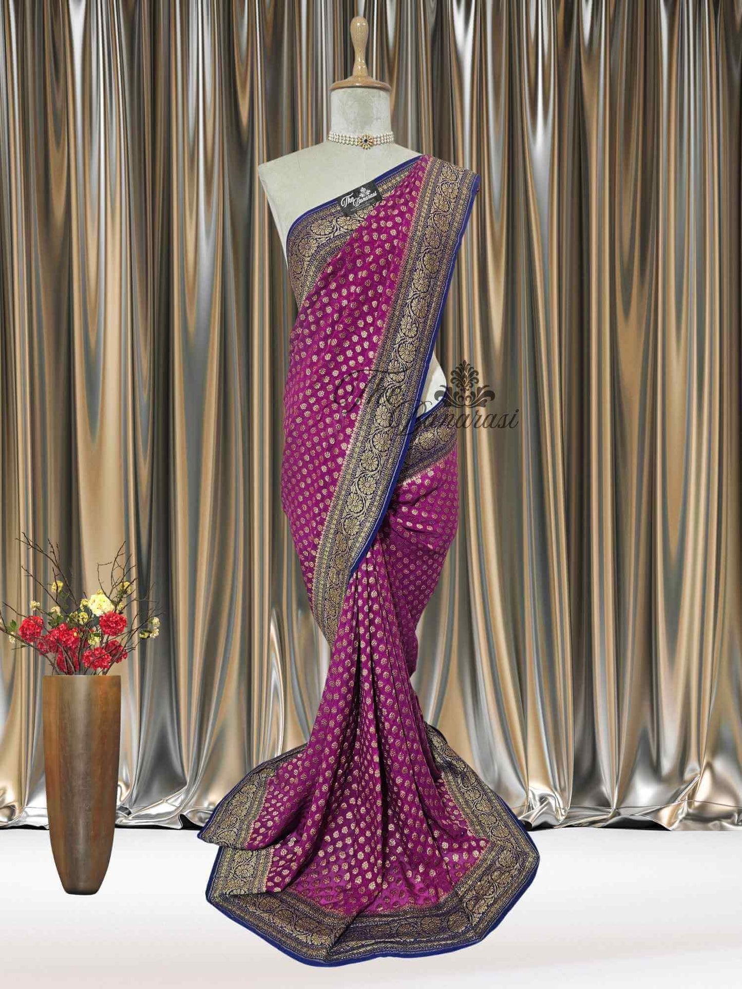 Strawberry Pink Khaddi Georgette Antique Zari Banarasi Handloom Saree