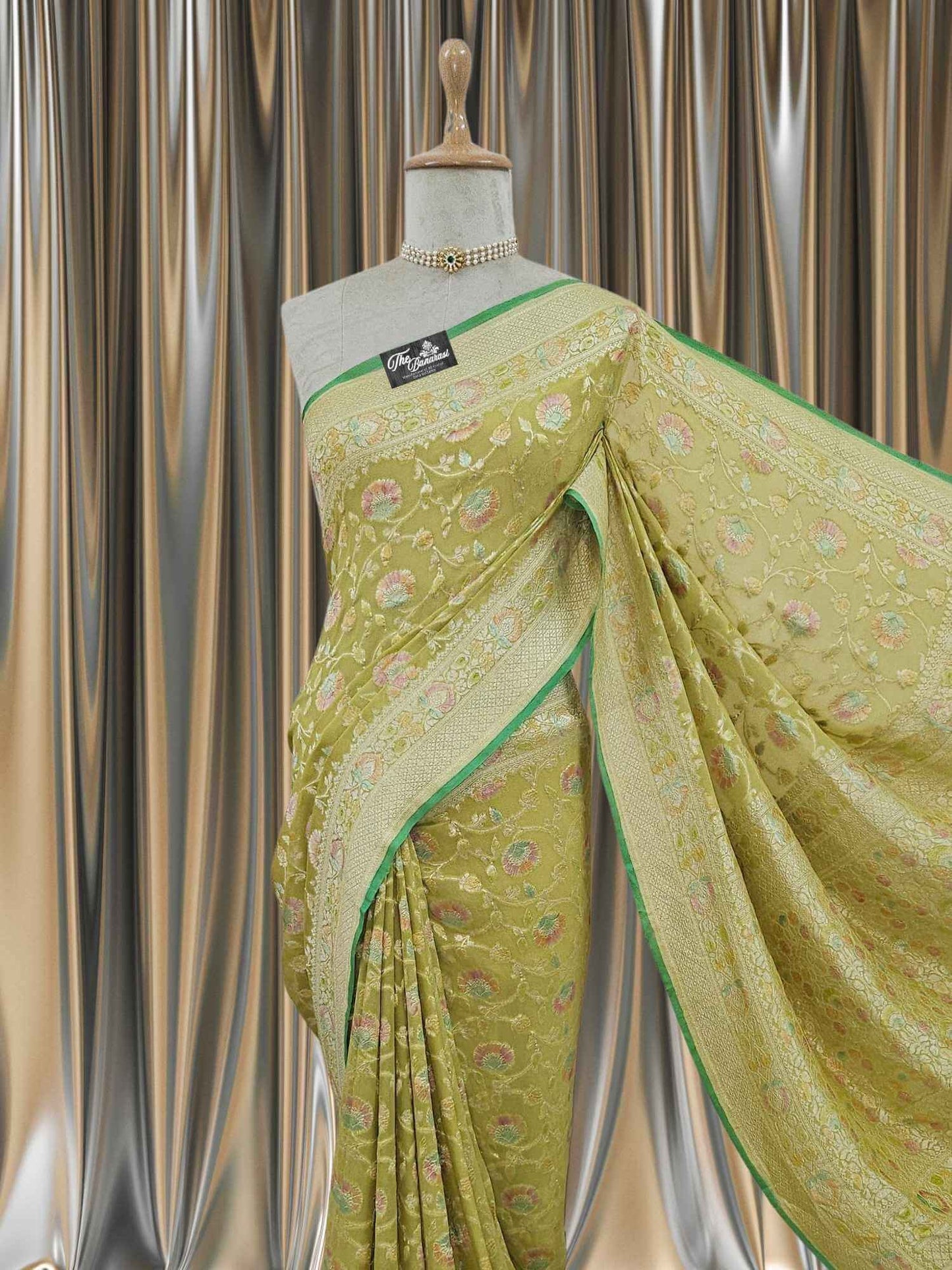 Lime Green Khaddi Georgette Water Zari Banarasi Handloom Saree