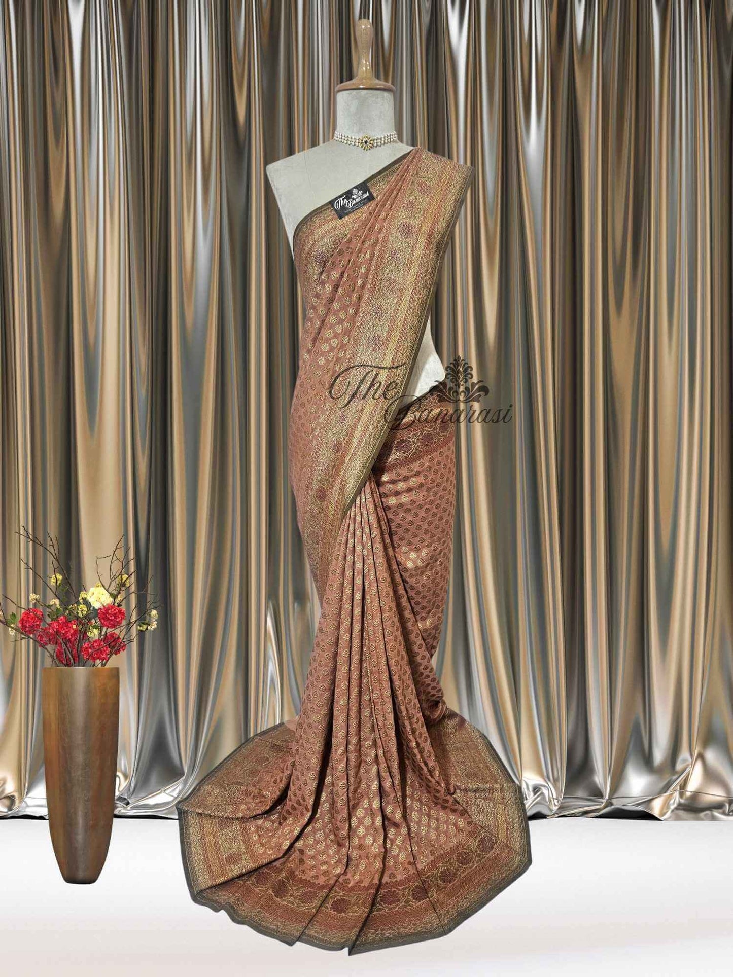 Light Brown Khaddi Georgette Hand Brush Antique Zari Banarasi Handloom Saree
