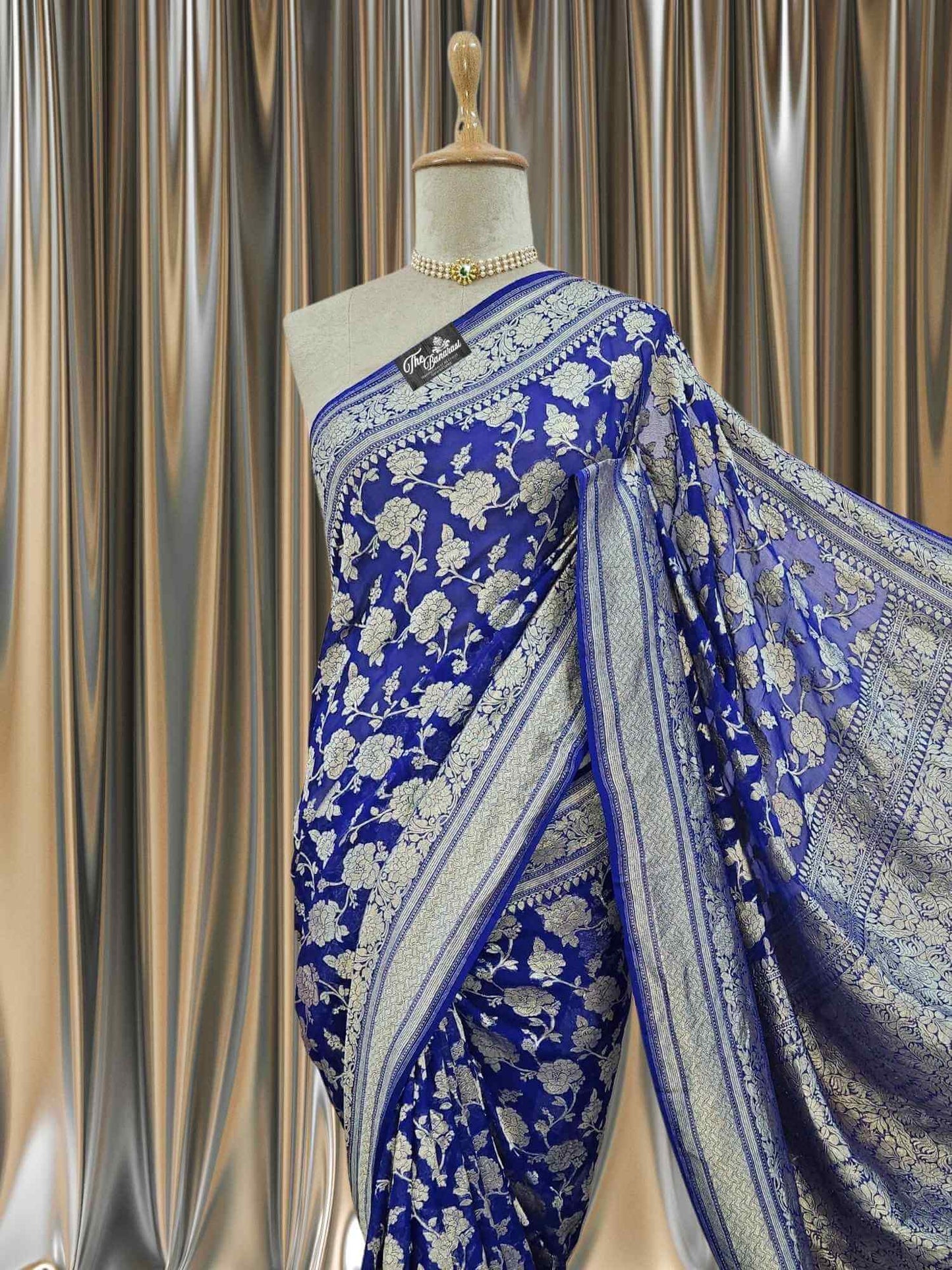 Royal Blue Khaddi Georgette Water Zari Banarasi Handloom Saree