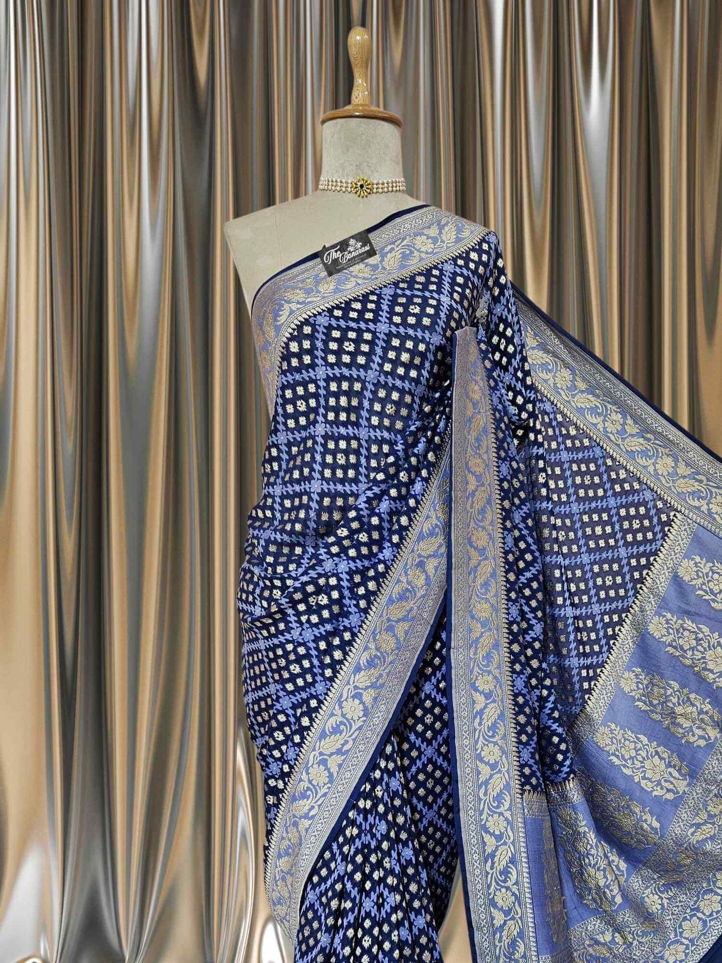 Denim Blue Khaddi Georgette Water Zari Banarasi Handloom Saree