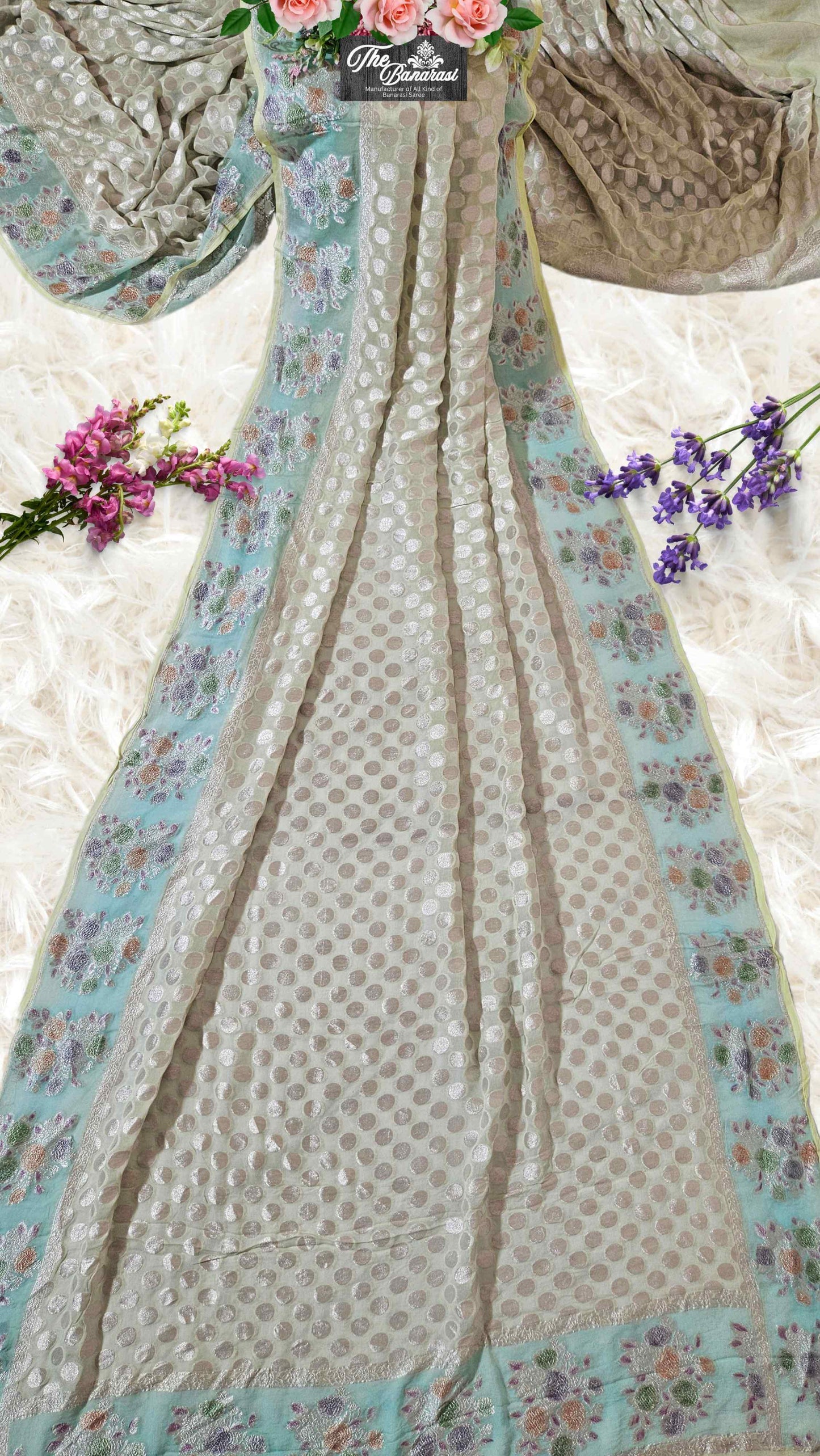 White Khaddi Georgette Hand Brush Water Zari Banarasi Handloom Saree
