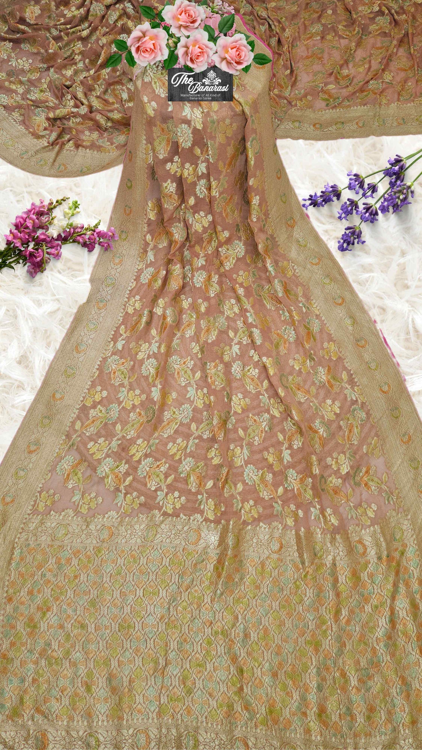 Pastel Peach Khaddi Georgette Water Zari Banarasi Handloom Saree