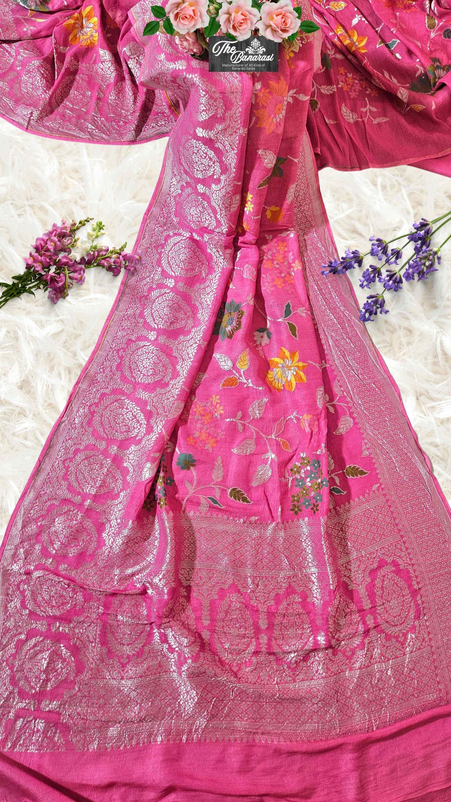 Ballet Slipper Pink Pure Tussar Georgette Meenakari Design Banarasi Handloom Saree