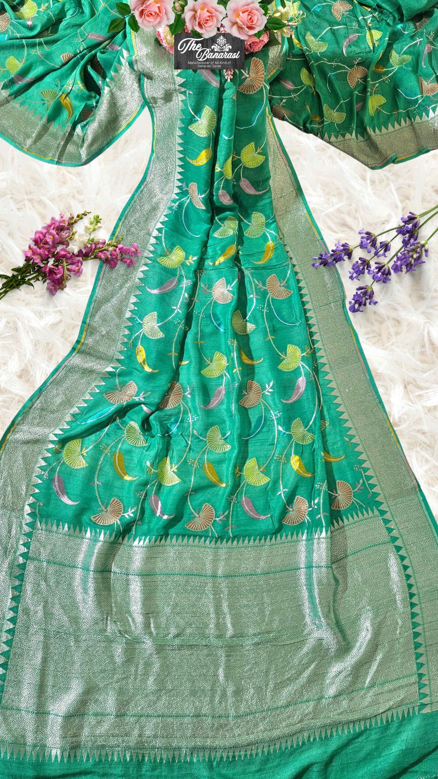 Teal Color Pure Tussar Georgette Meenakari Design Banarasi Handloom Saree
