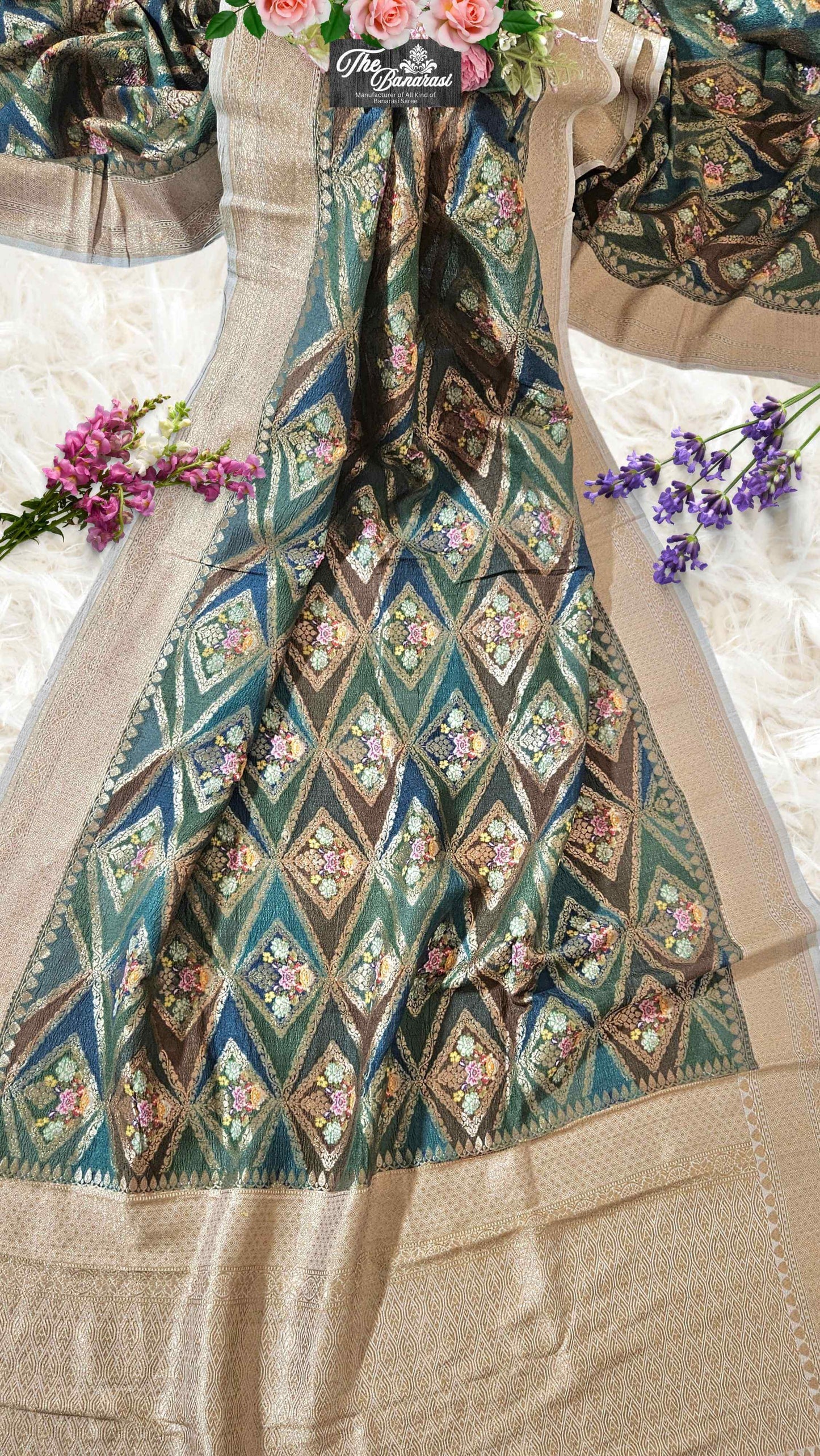 Multi-hued Pure Tussar Georgette Hand Brush Design Banarasi Handloom Saree