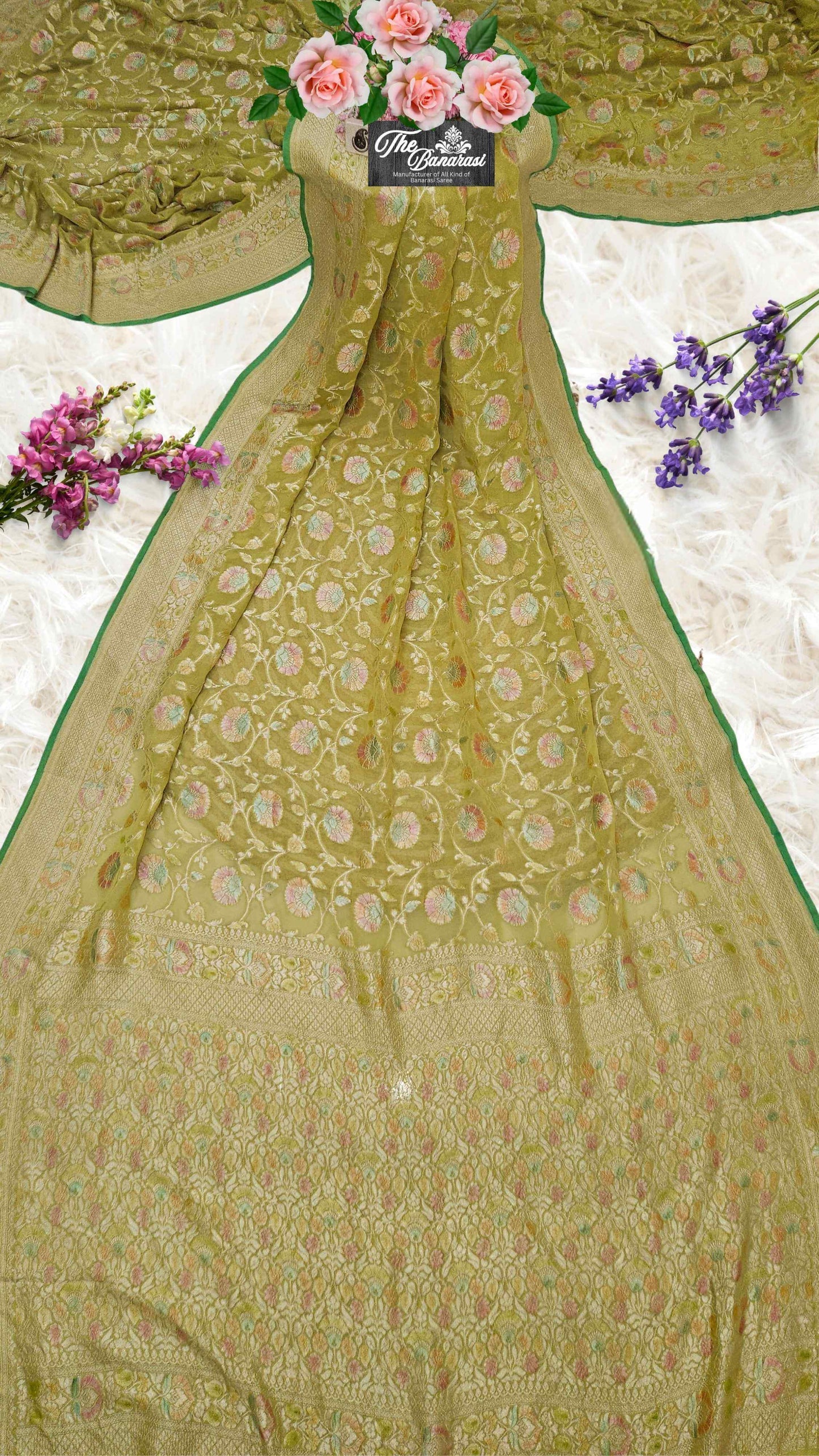 Lime Green Khaddi Georgette Water Zari Banarasi Handloom Saree