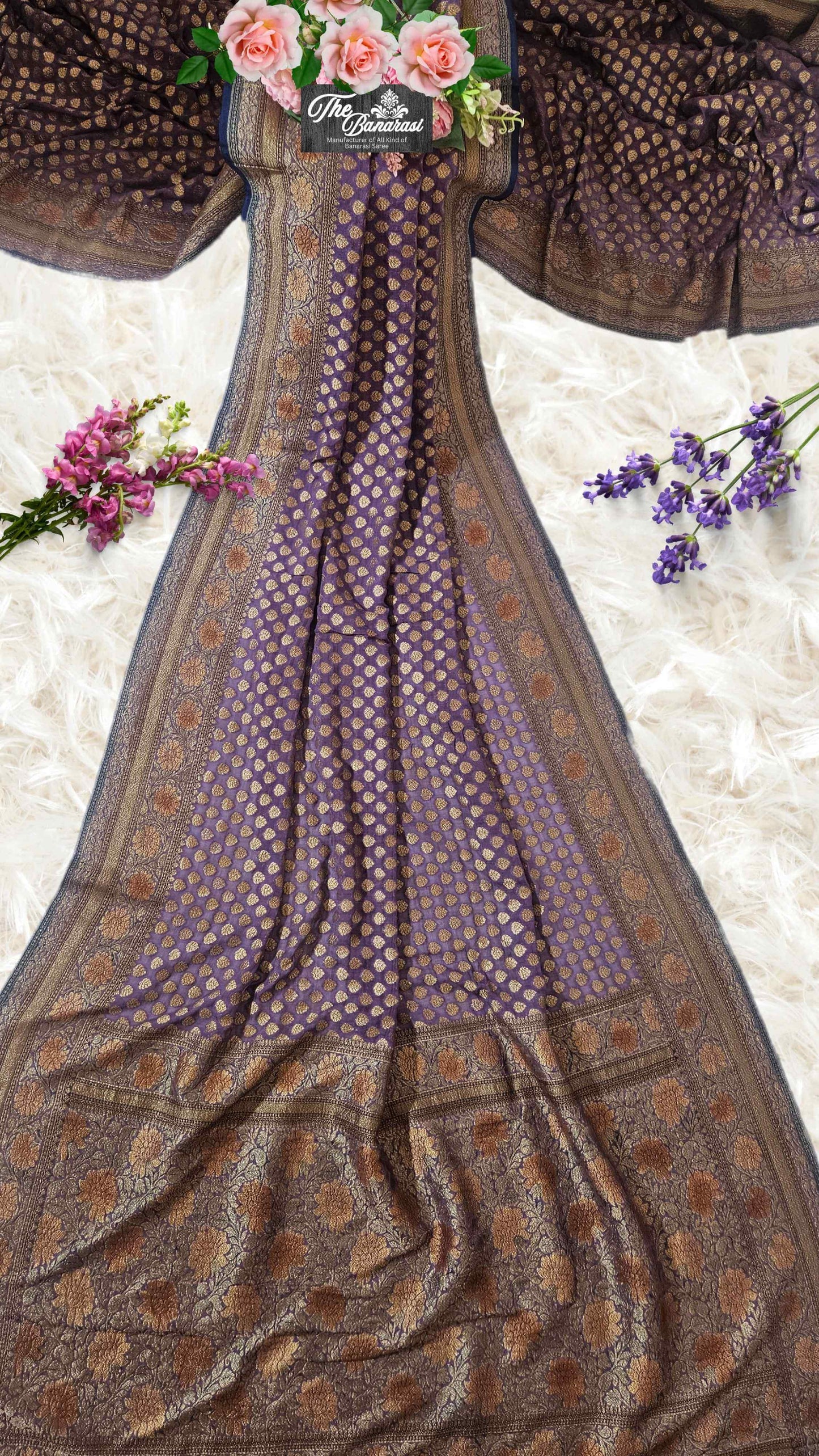 Iris Purple Khaddi Georgette Hand Brush Antique Zari Banarasi Handloom Saree