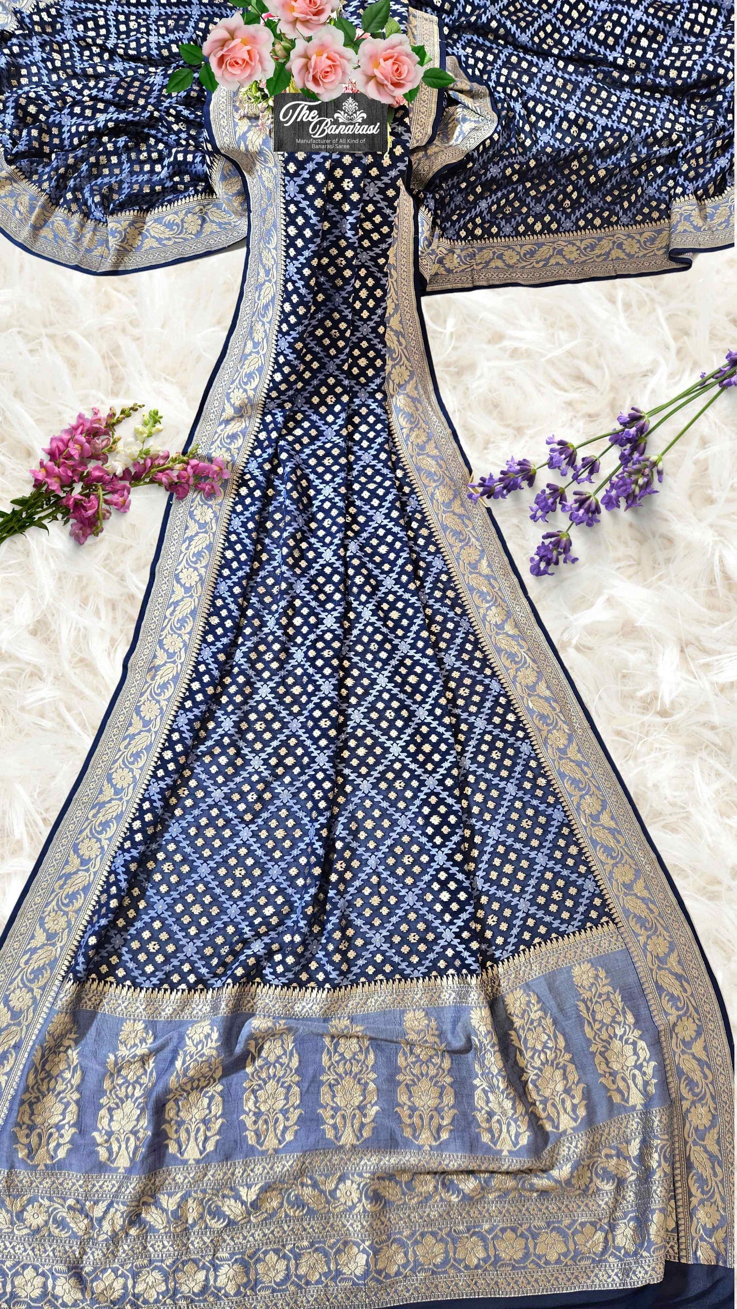 Denim Blue Khaddi Georgette Water Zari Banarasi Handloom Saree