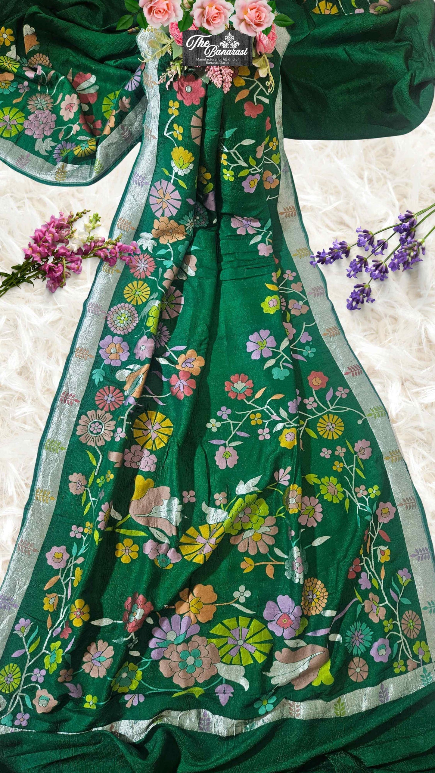Forest Green Pure Tussar Georgette Hand Brush Design Banarasi Handloom Saree