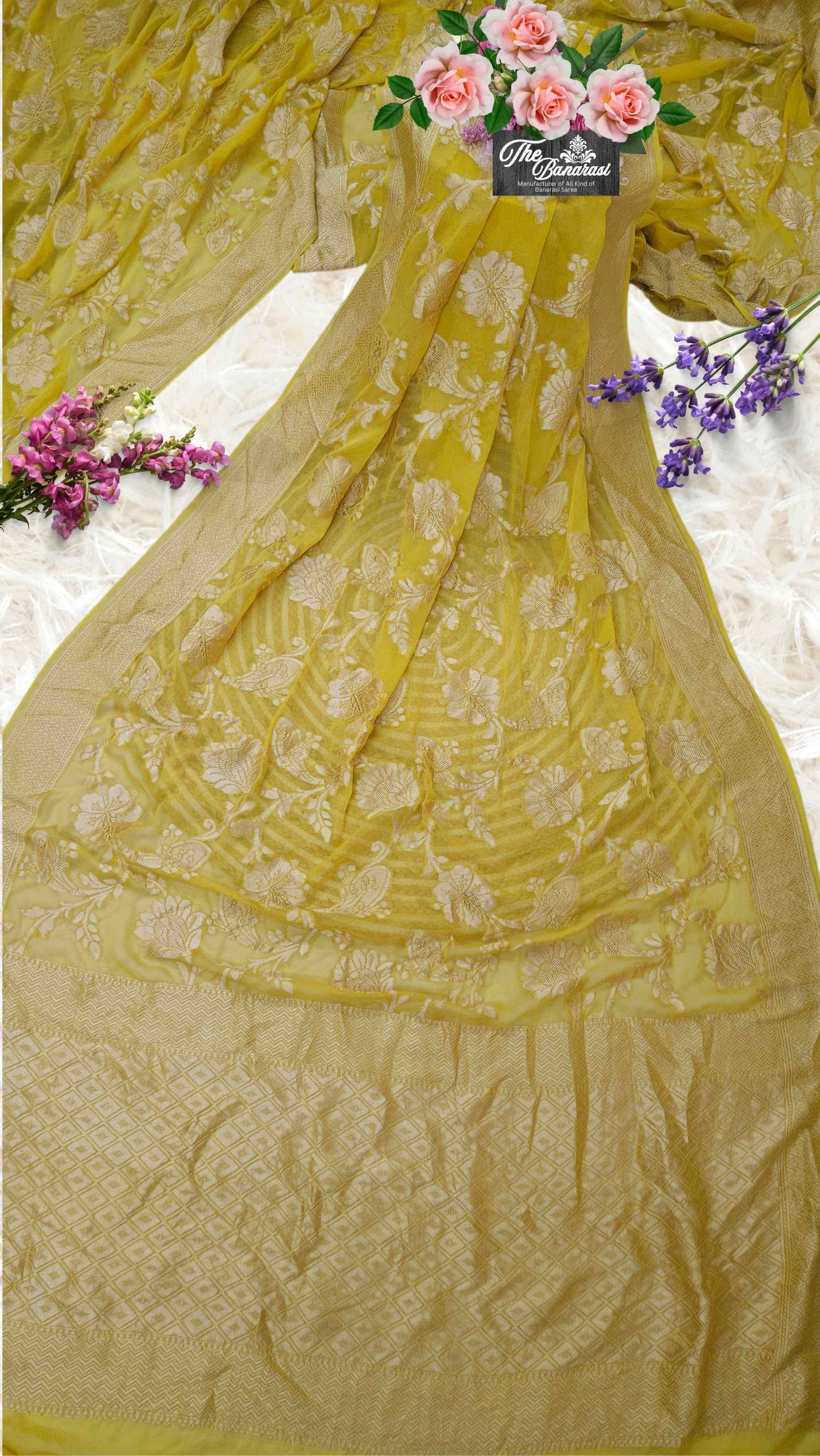 Lemon Yellow Khaddi Georgette Water Zari Banarasi Handloom Saree