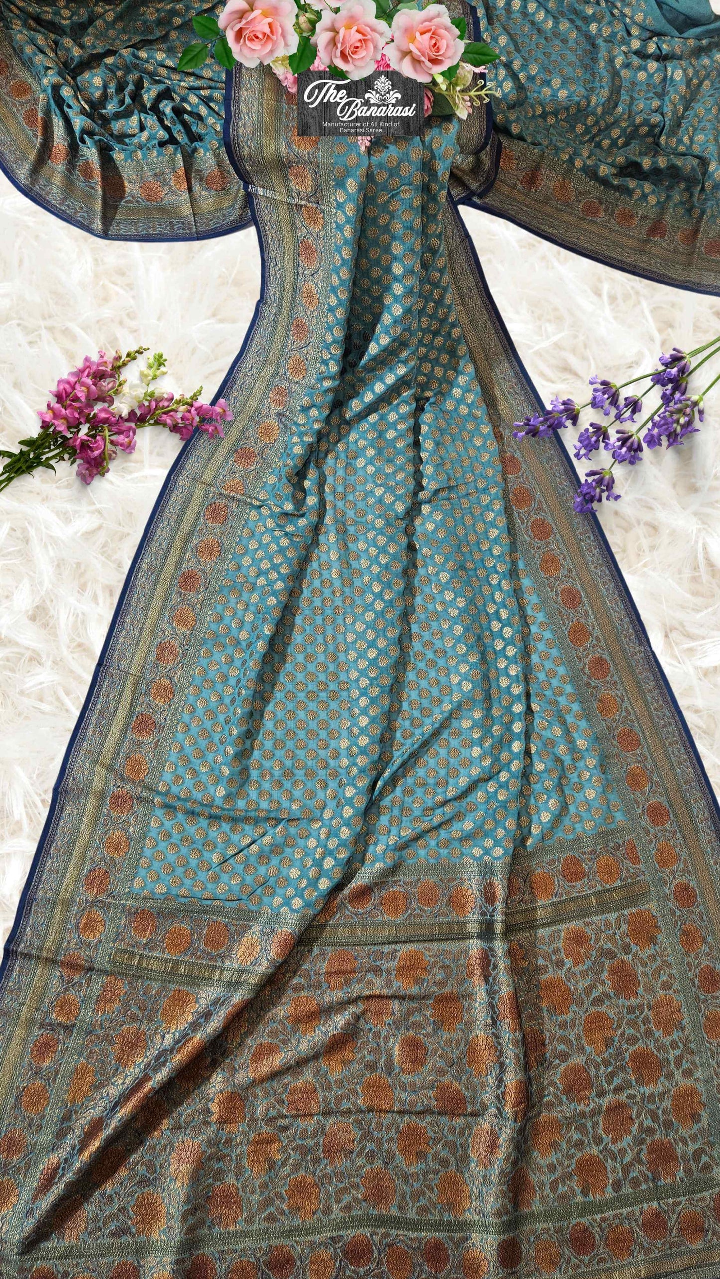 Persian Green Khaddi Georgette Hand Brush Antique Zari Banarasi Handloom Saree