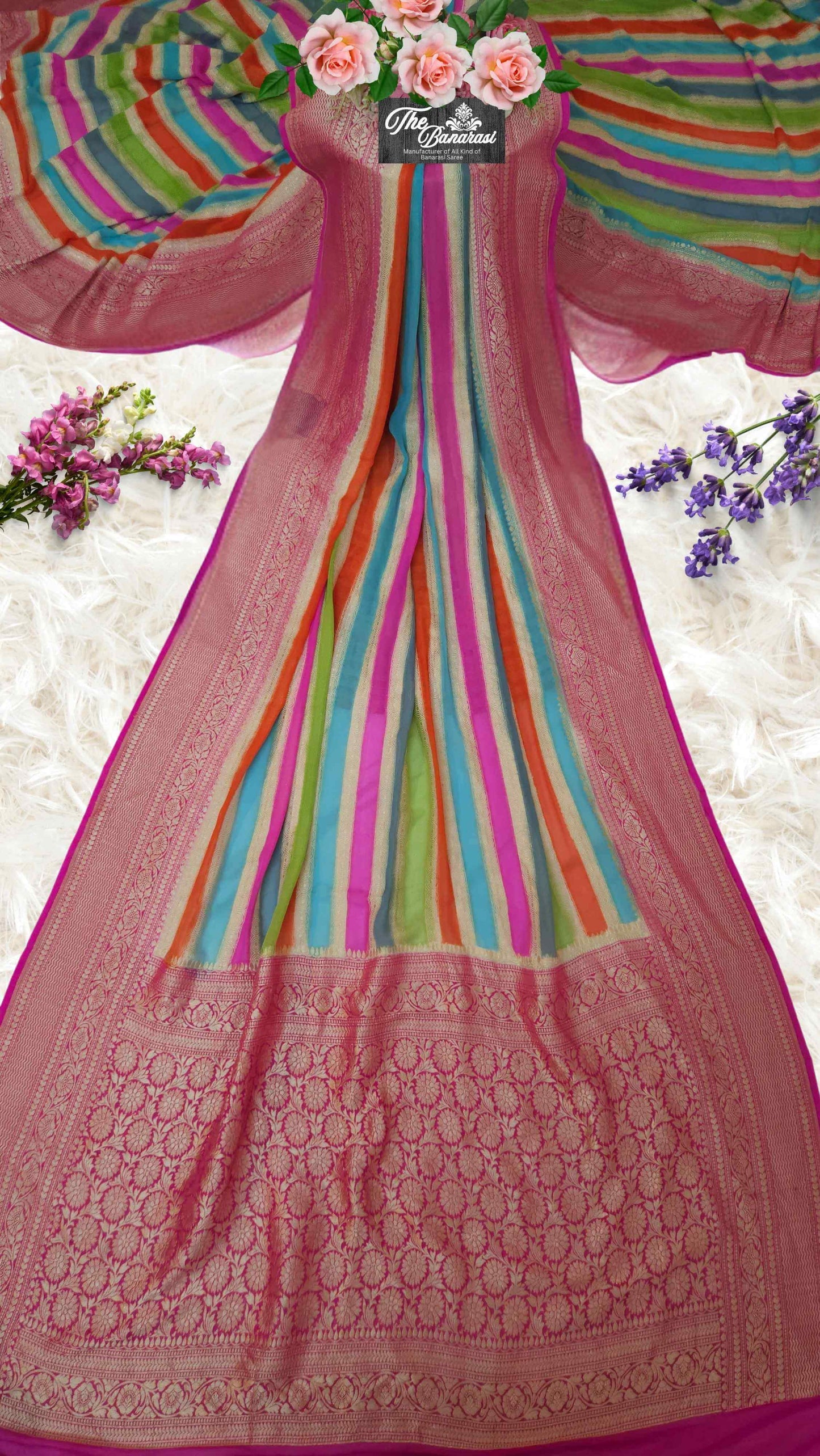 Multi Color Khaddi Georgette Water Zari Banarasi Handloom Saree
